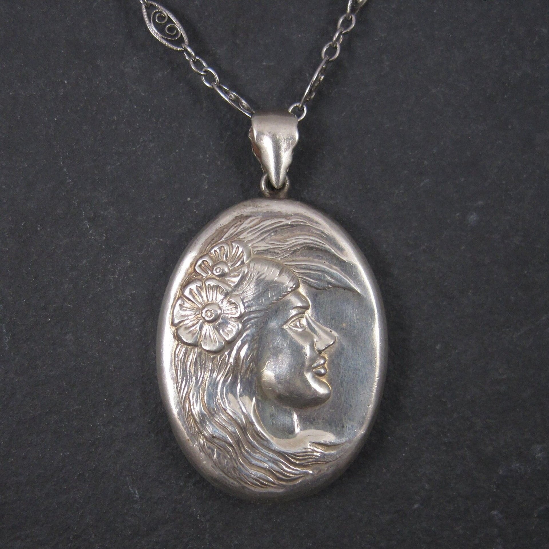 Vintage Sterling Art Nouveau Lady Pendant Filigree Necklace