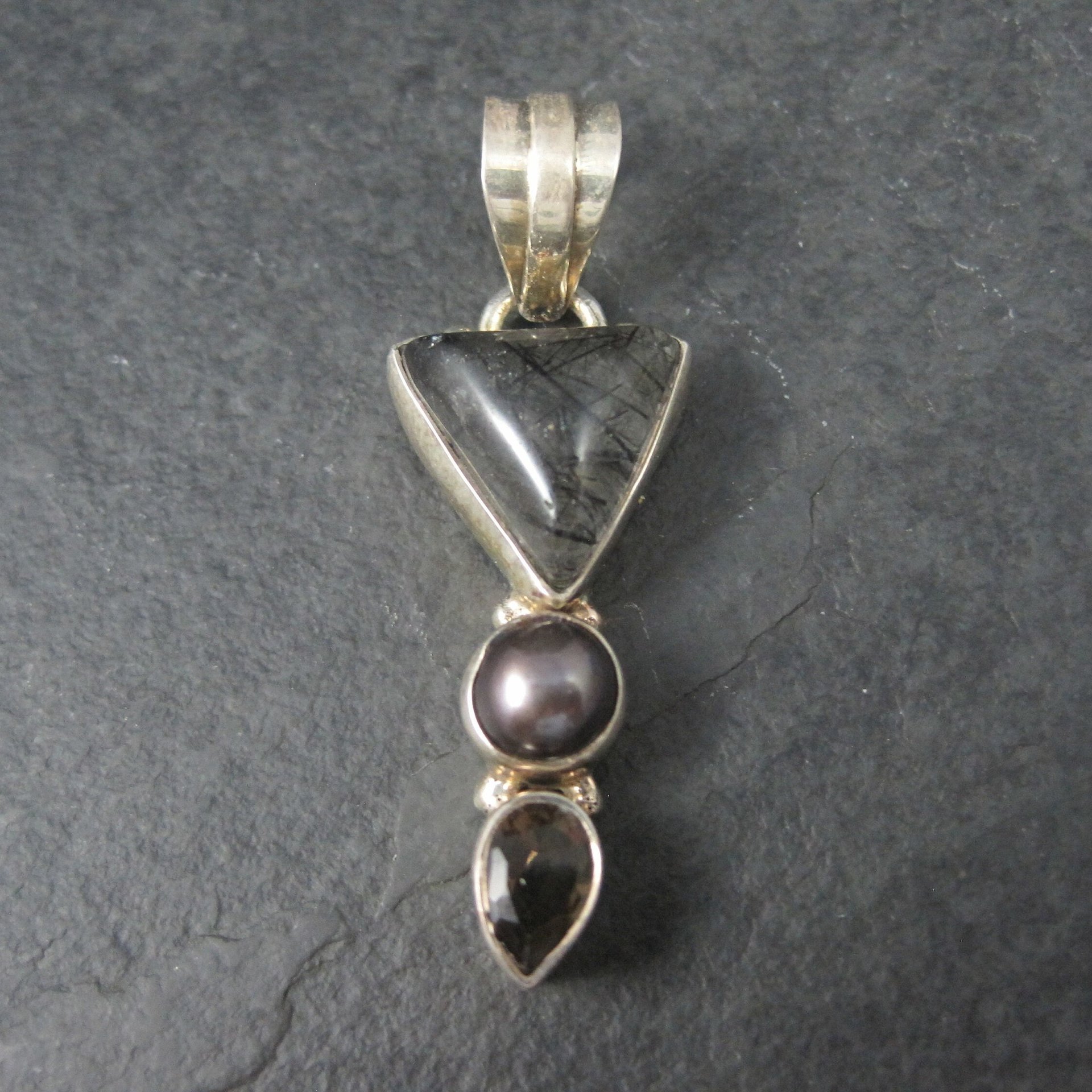 Vintage Sterling Rutilated Quartz Pearl Smoky Topaz Pendant