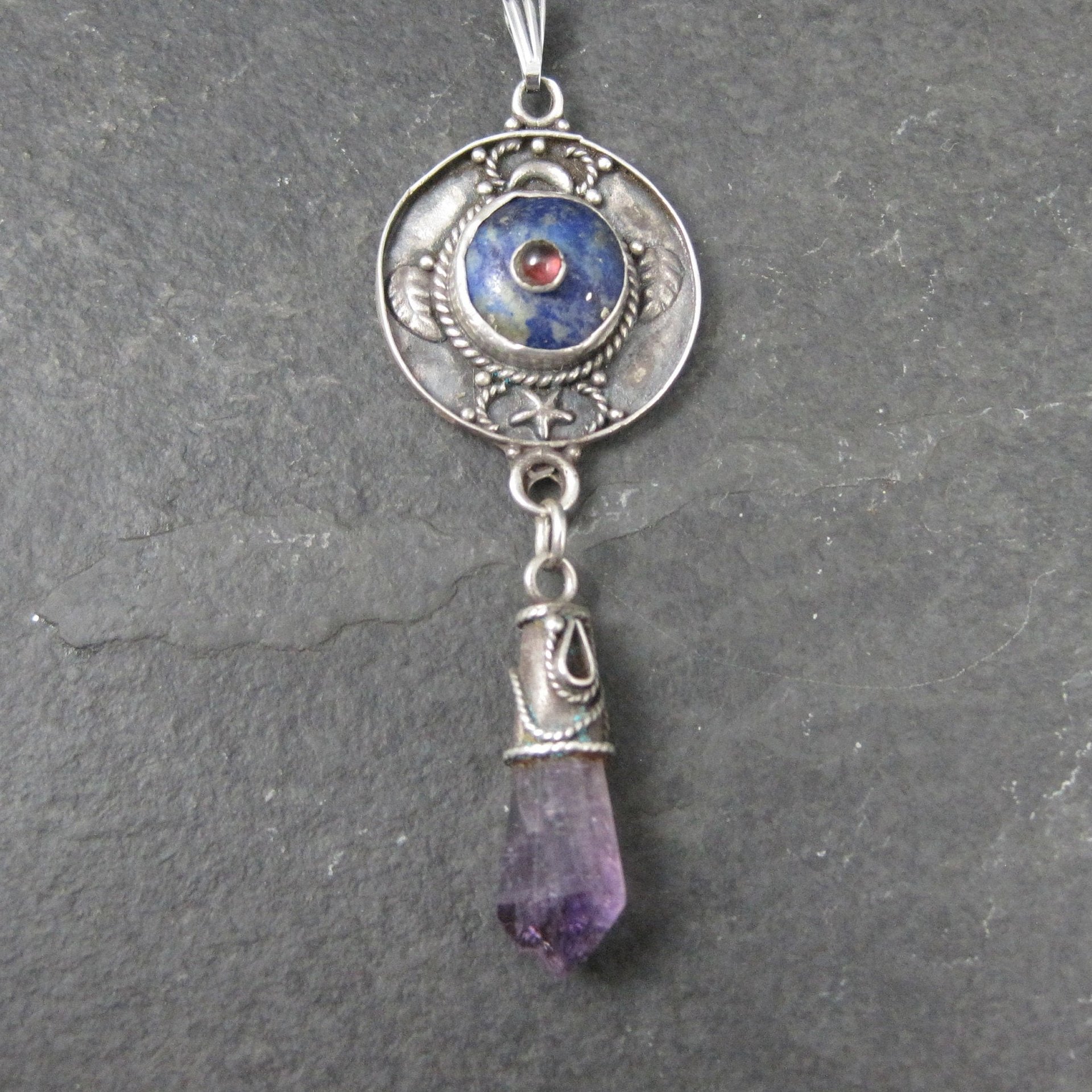 Long Vintage Garnet Lapis Amethyst Point Celestial Pendant