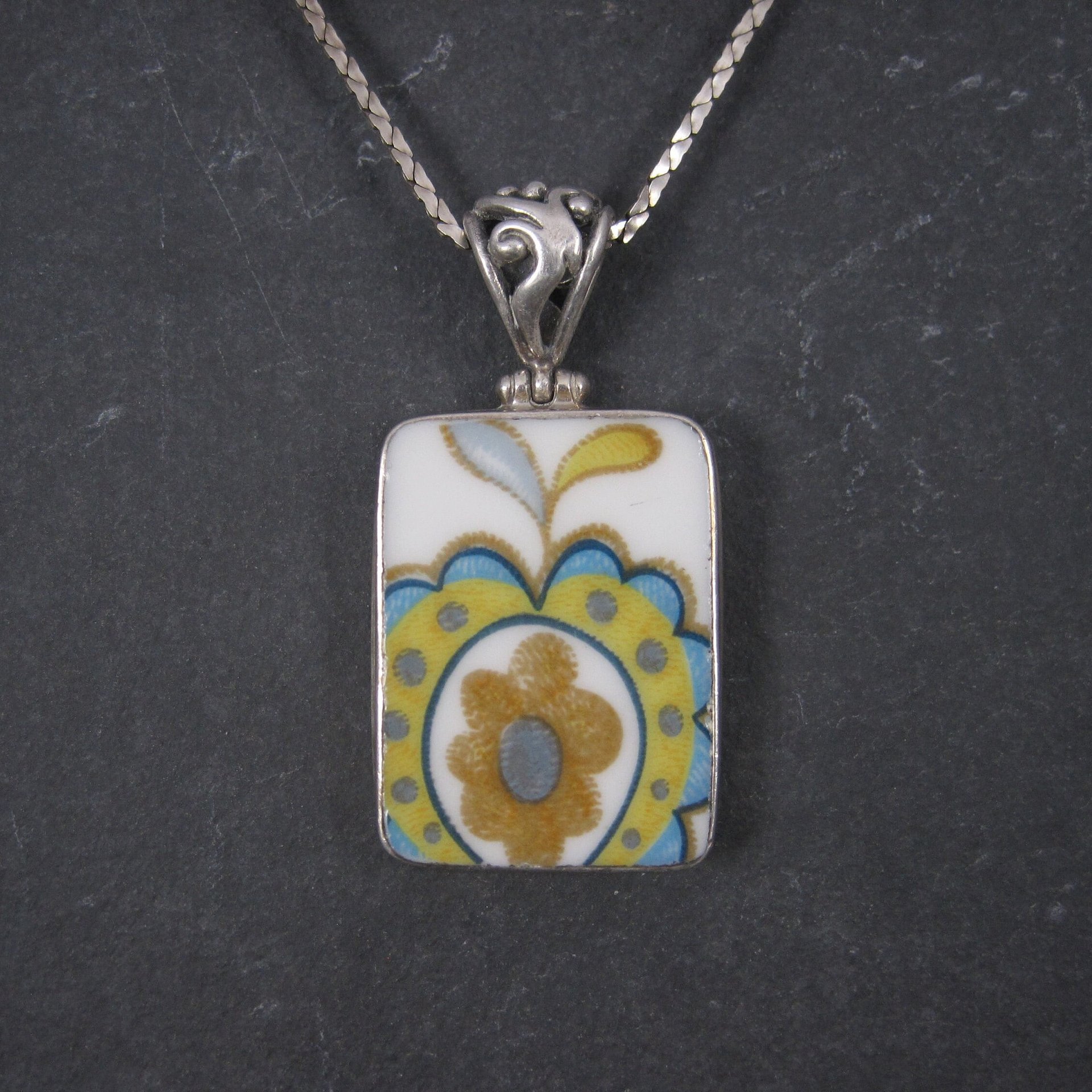 Vintage Sterling Floral Pottery Pendant Necklace