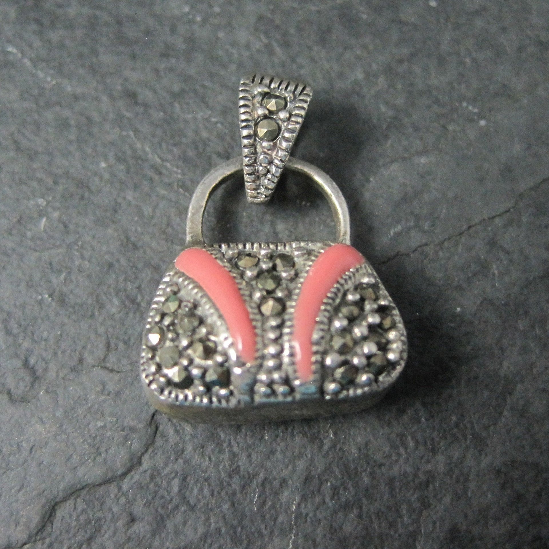 Sterling Enamel Marcasite Reversible Handbag Purse Pendant