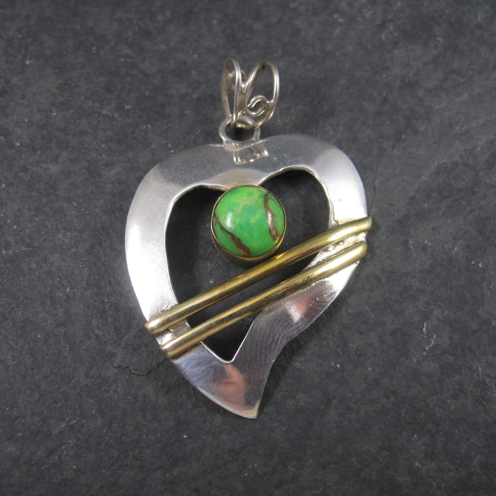 Vintage Sterling Green Turquoise with Gold Matrix Heart Pendant