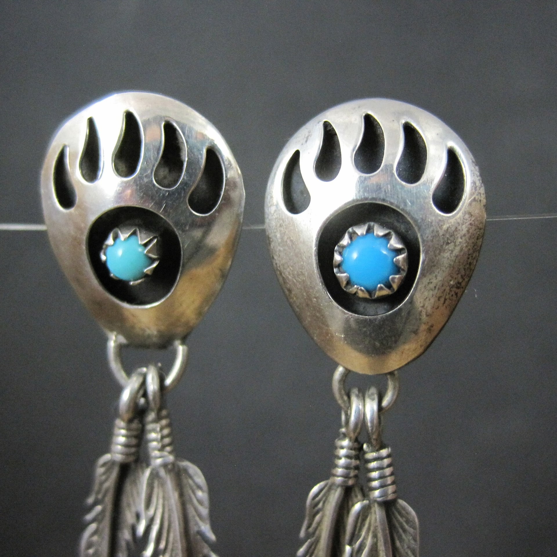 Sterling Turquoise Bear Paw Earrings Vintage Southwestern Native American Signed