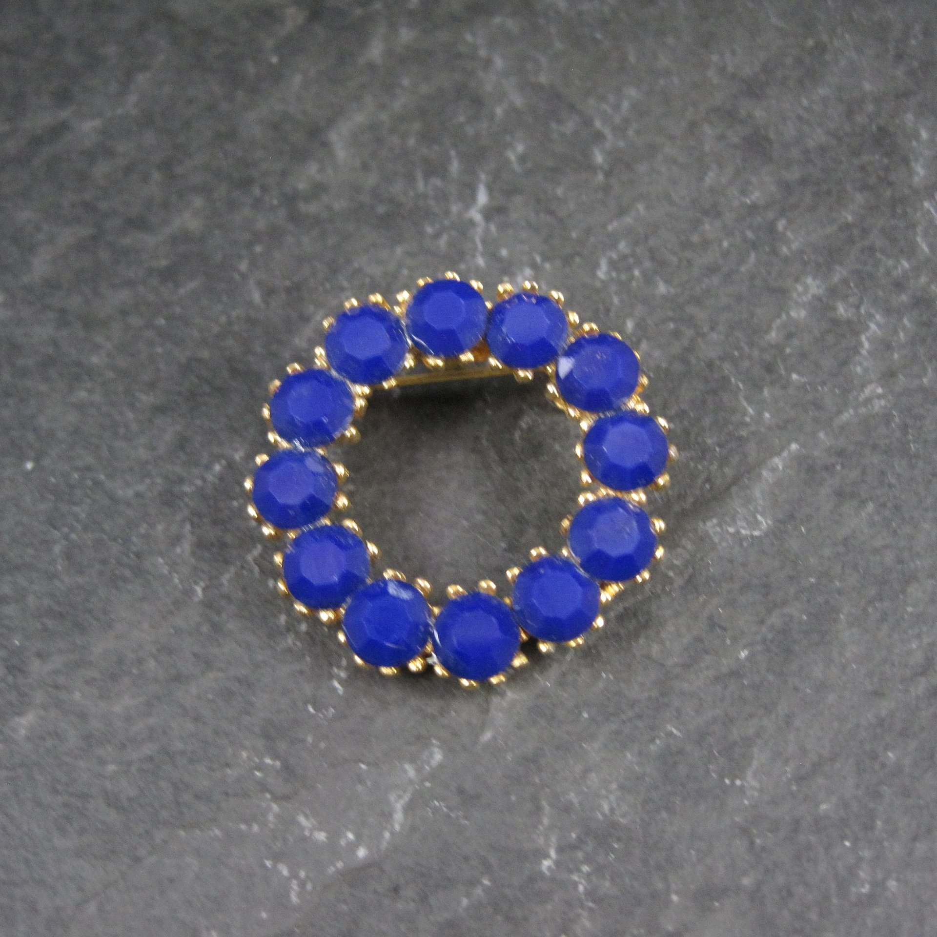 Vintage Blue Glass Rhinestone Circle Brooch