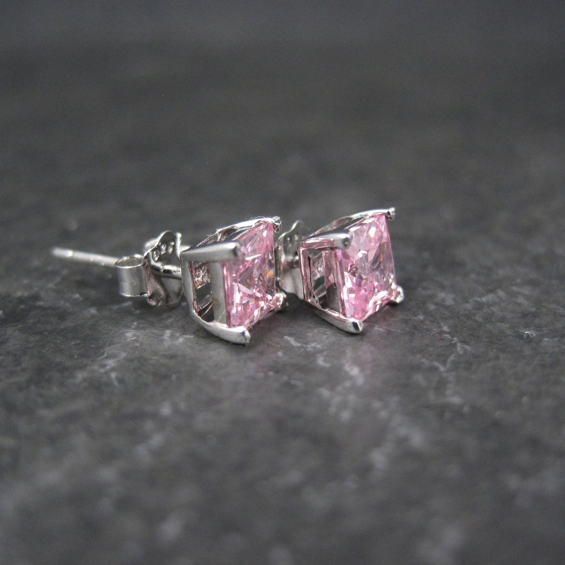 Princess Pink Cz Stud Earrings Sterling Silver NOS