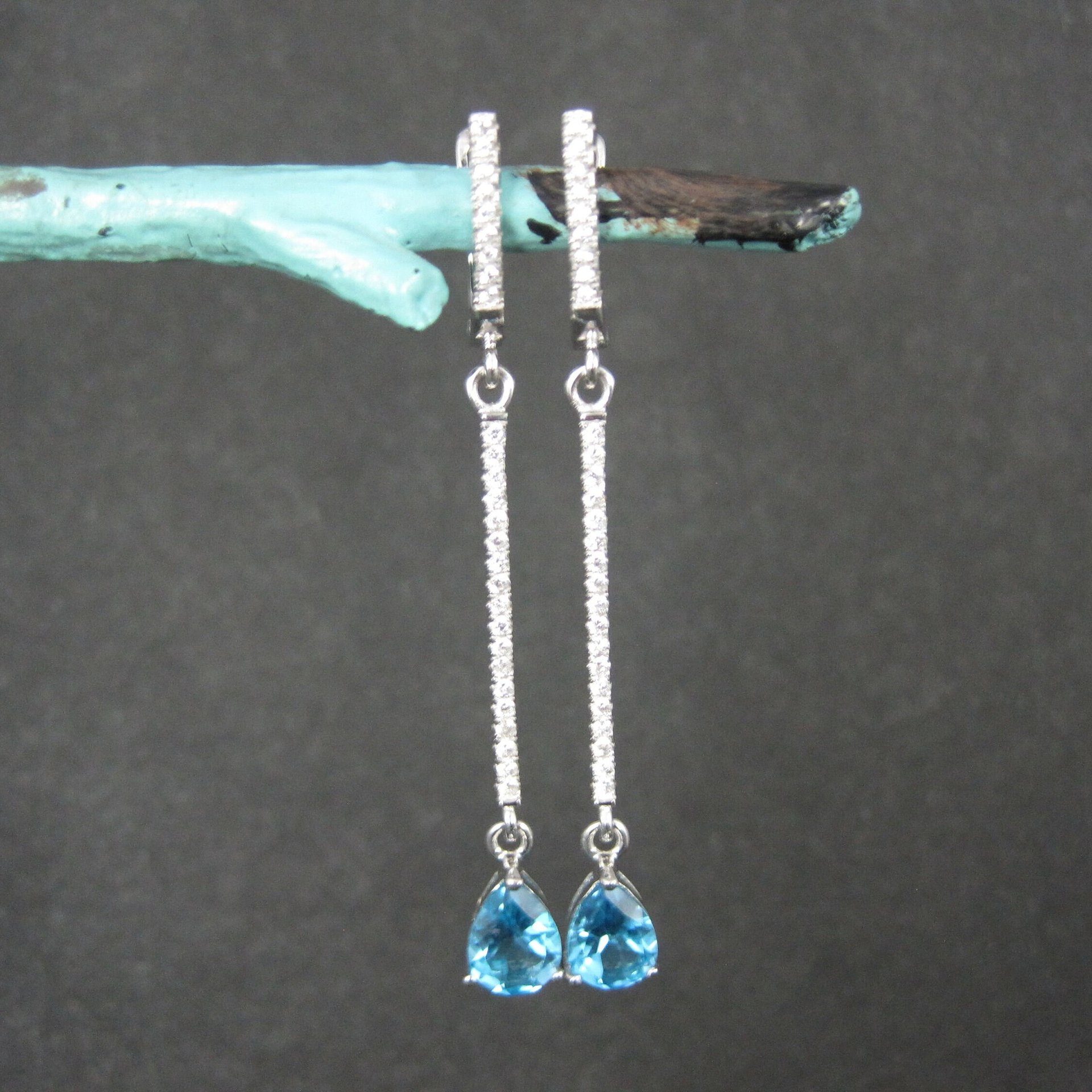 Long Blue Topaz Earrings Sterling Silver Latch Back