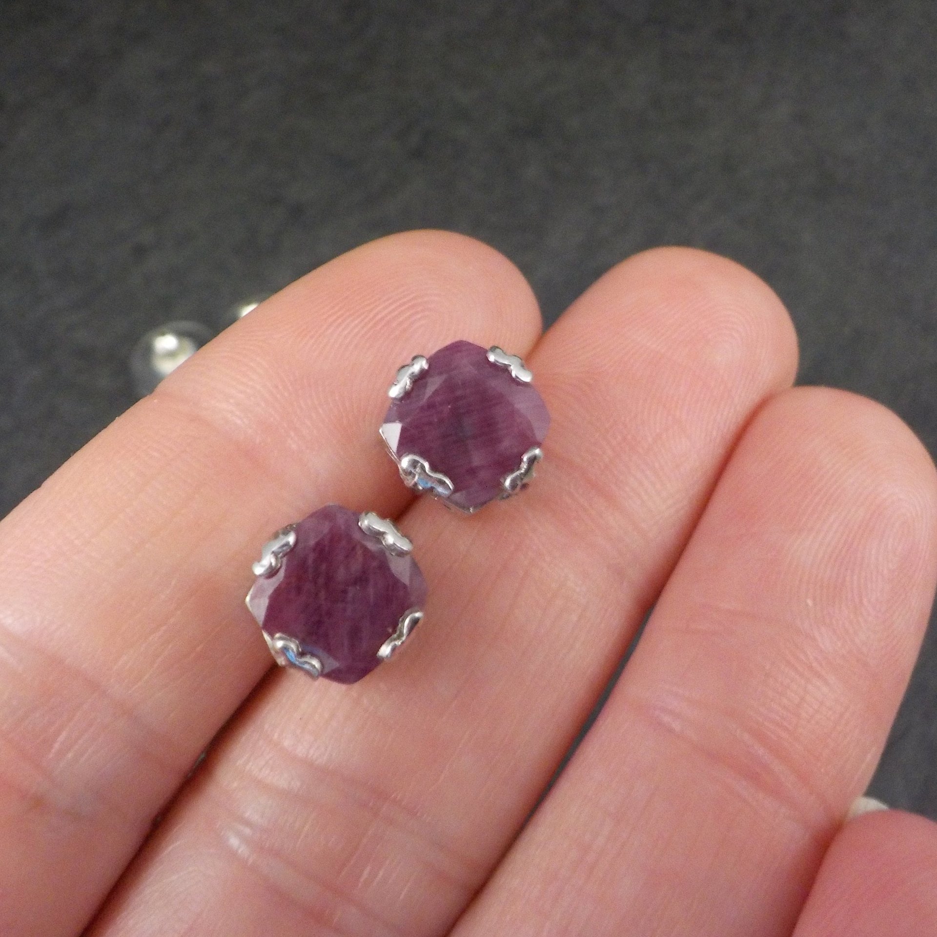 Ruby Stud Earrings Chunky Sterling Silver