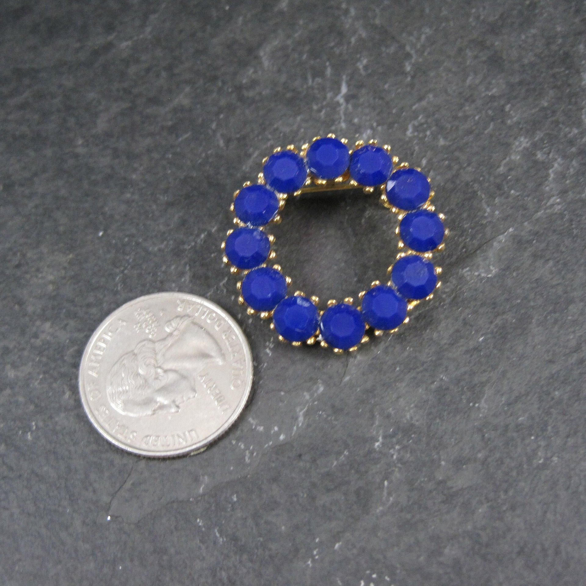 Vintage Blue Glass Rhinestone Circle Brooch