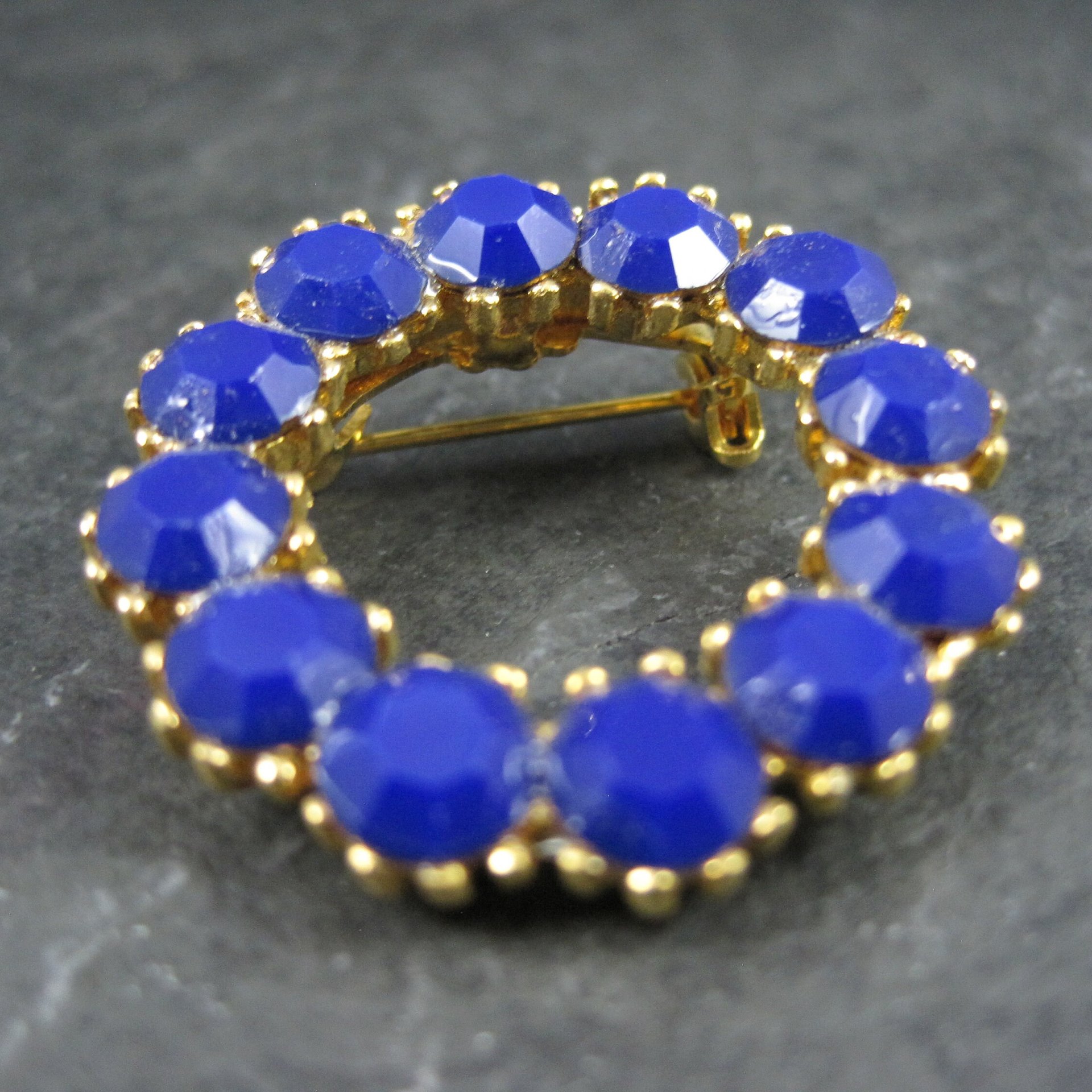 Vintage Blue Glass Rhinestone Circle Brooch