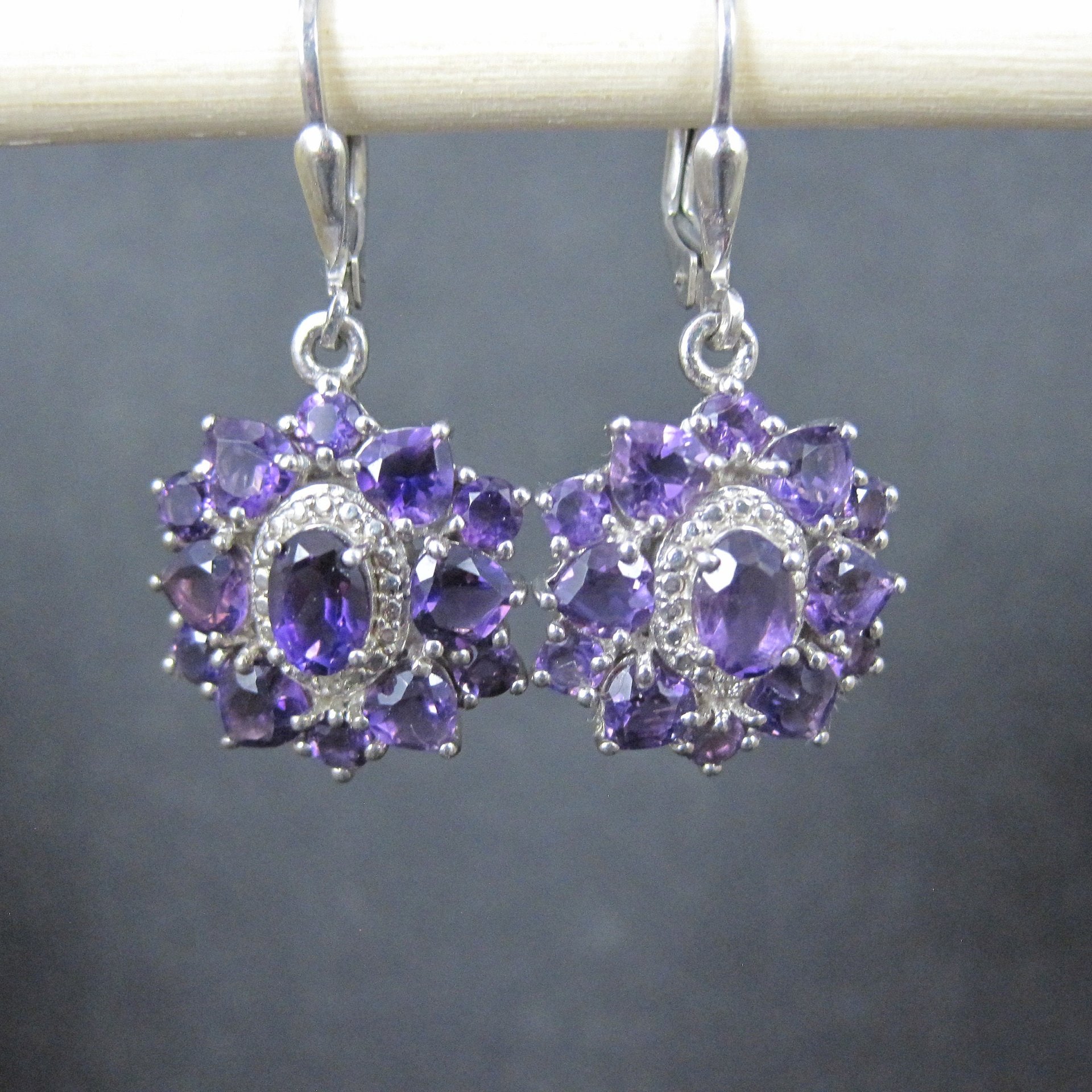 Estate Sterling Amethyst Cluster Earrings Lever Back