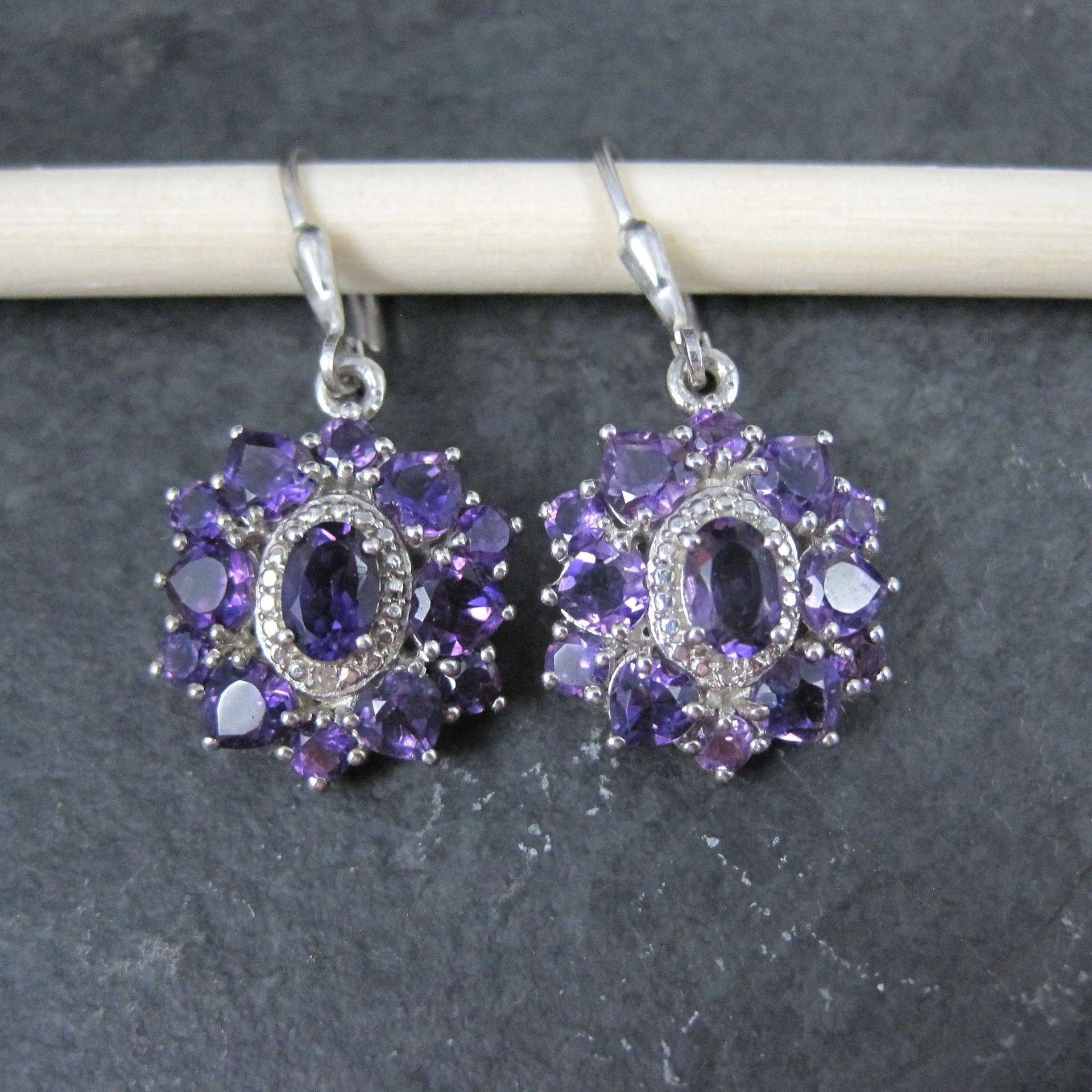 Estate Sterling Amethyst Cluster Earrings Lever Back