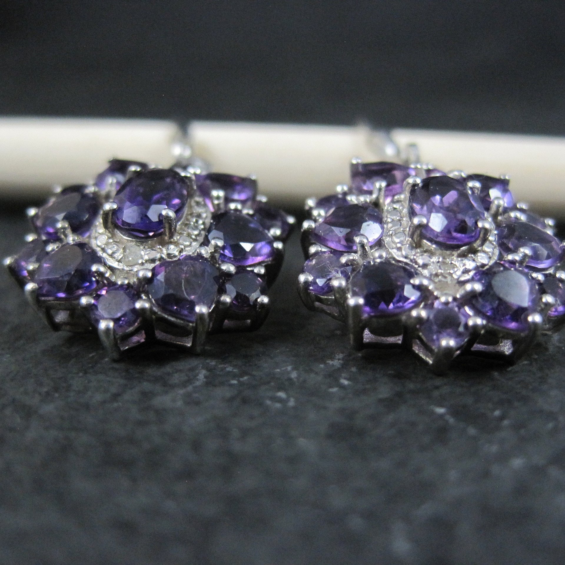 Estate Sterling Amethyst Cluster Earrings Lever Back