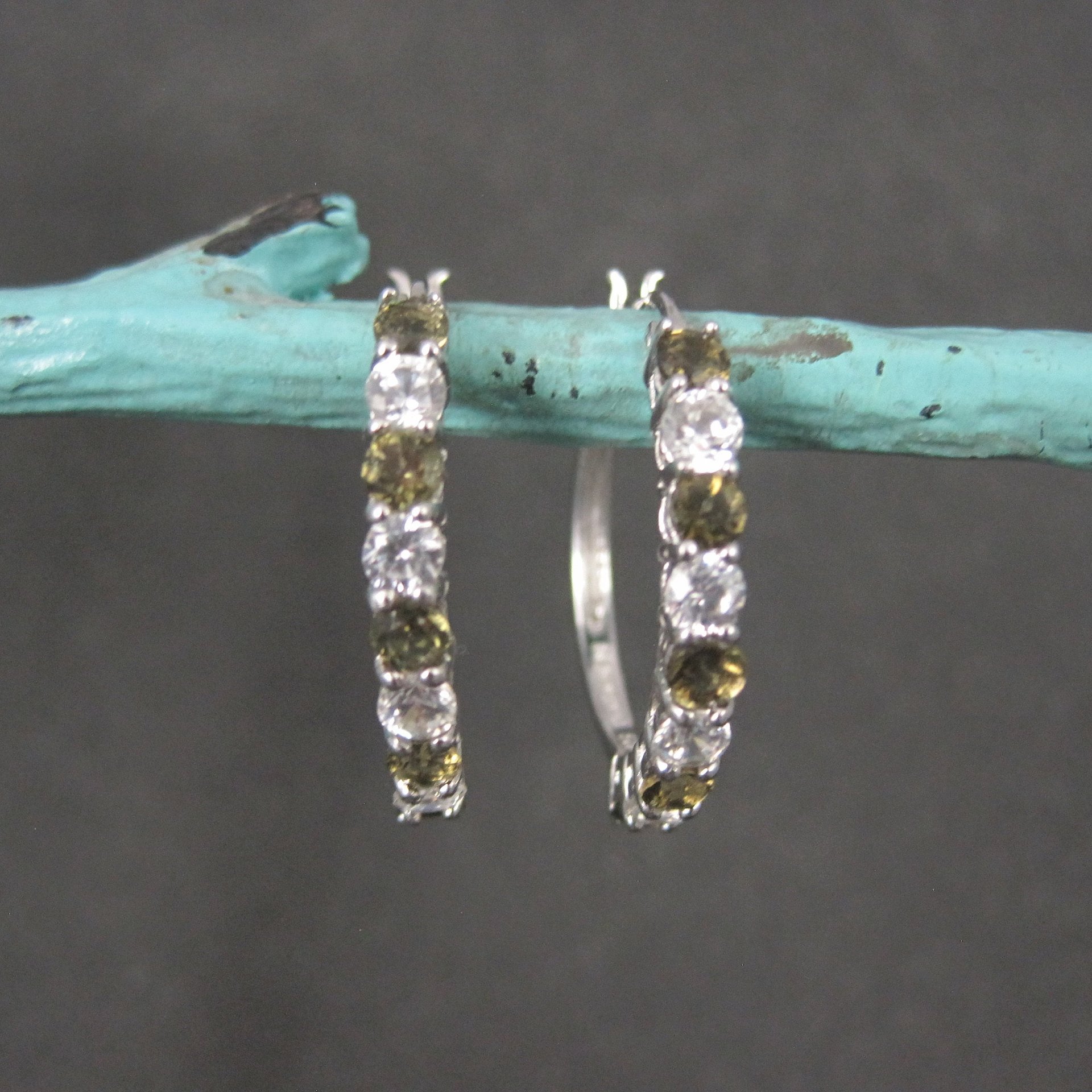 Smoky Quartz and White Topaz Latchback Hoop Earrings Sterling Silver 1"