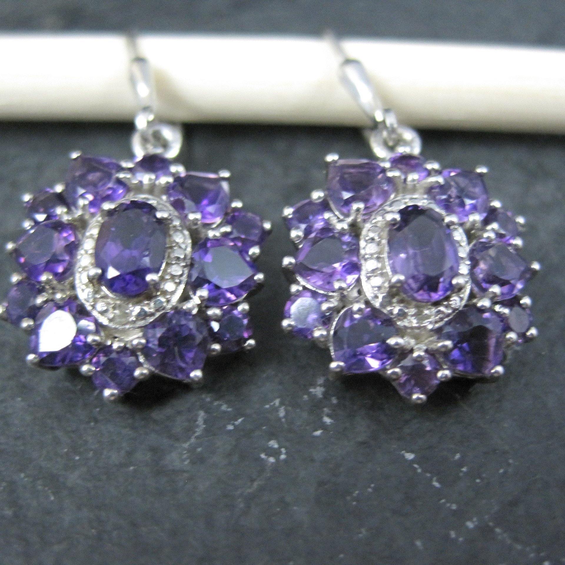 Estate Sterling Amethyst Cluster Earrings Lever Back