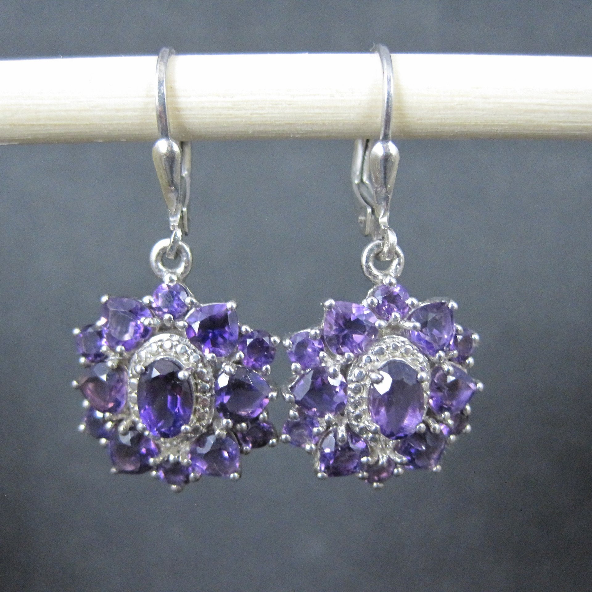 Estate Sterling Amethyst Cluster Earrings Lever Back