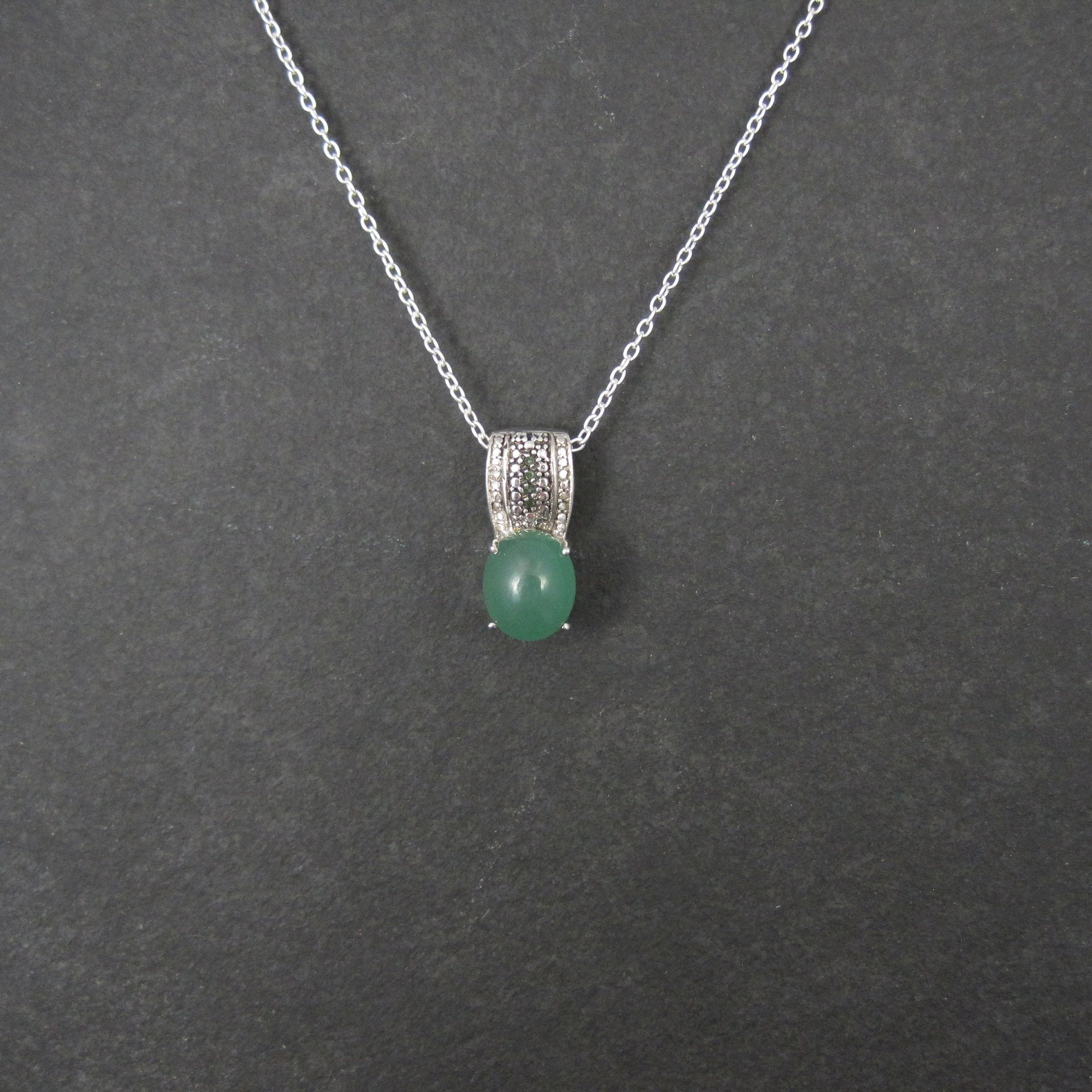 Jade and Green Diamond Pendant Necklace Sterling Silver