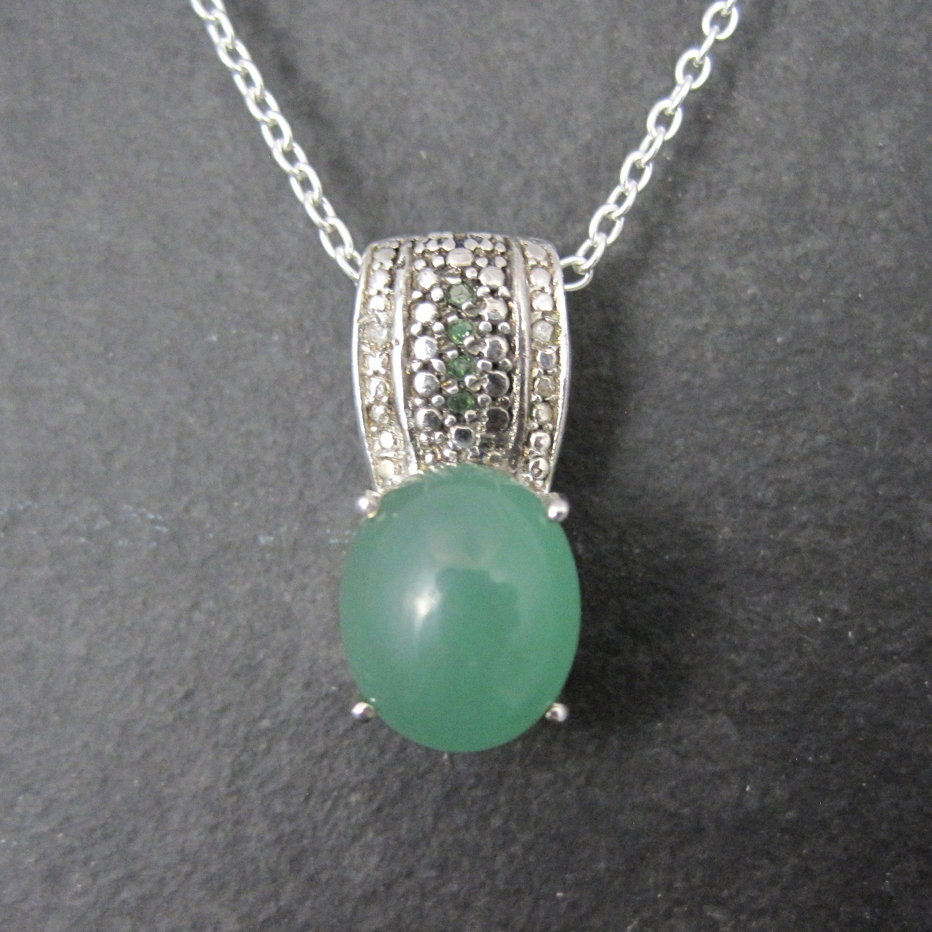 Jade and Green Diamond Pendant Necklace Sterling Silver
