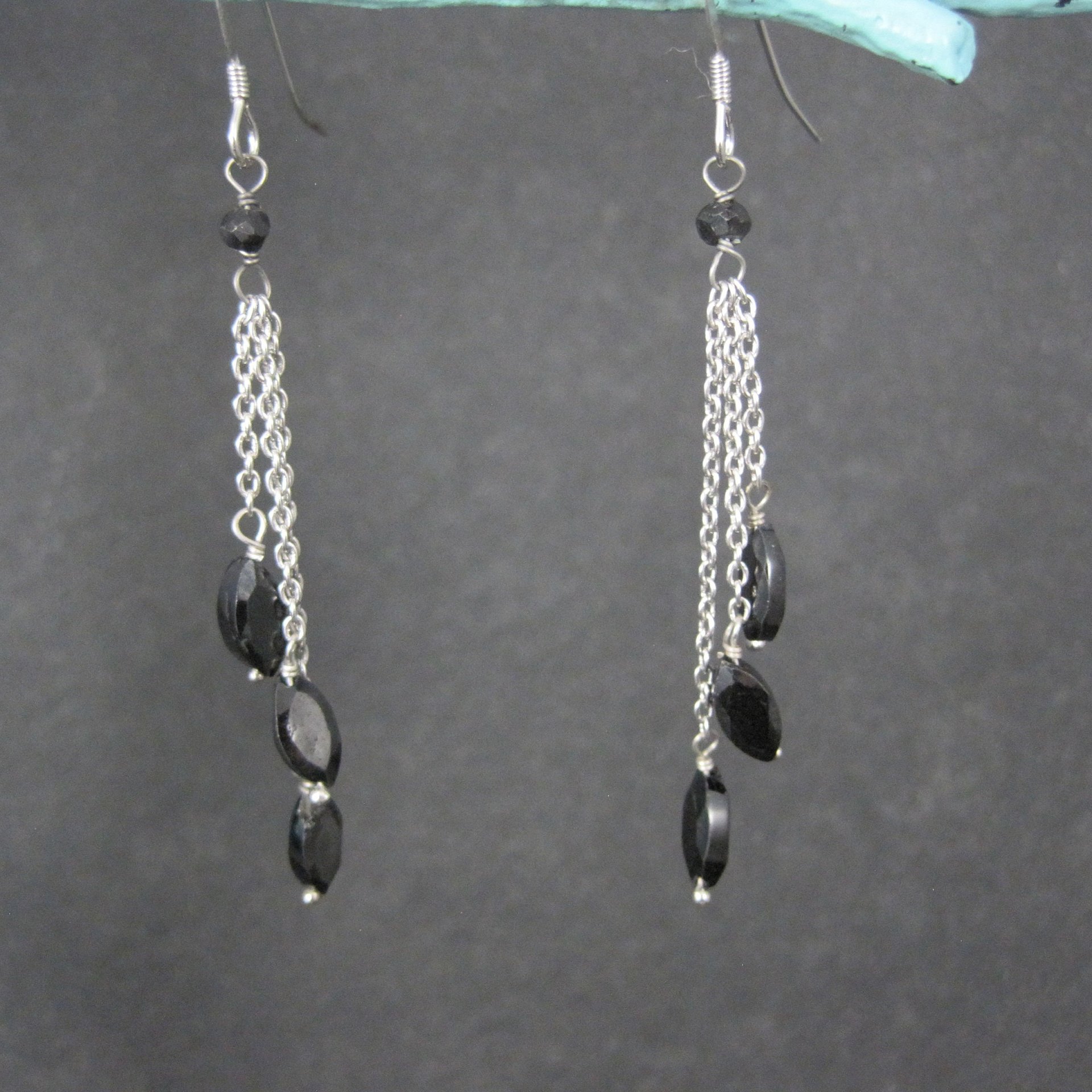 Long, Dainty Black Tourmaline Earrings Sterling Silver Estate Jewelry