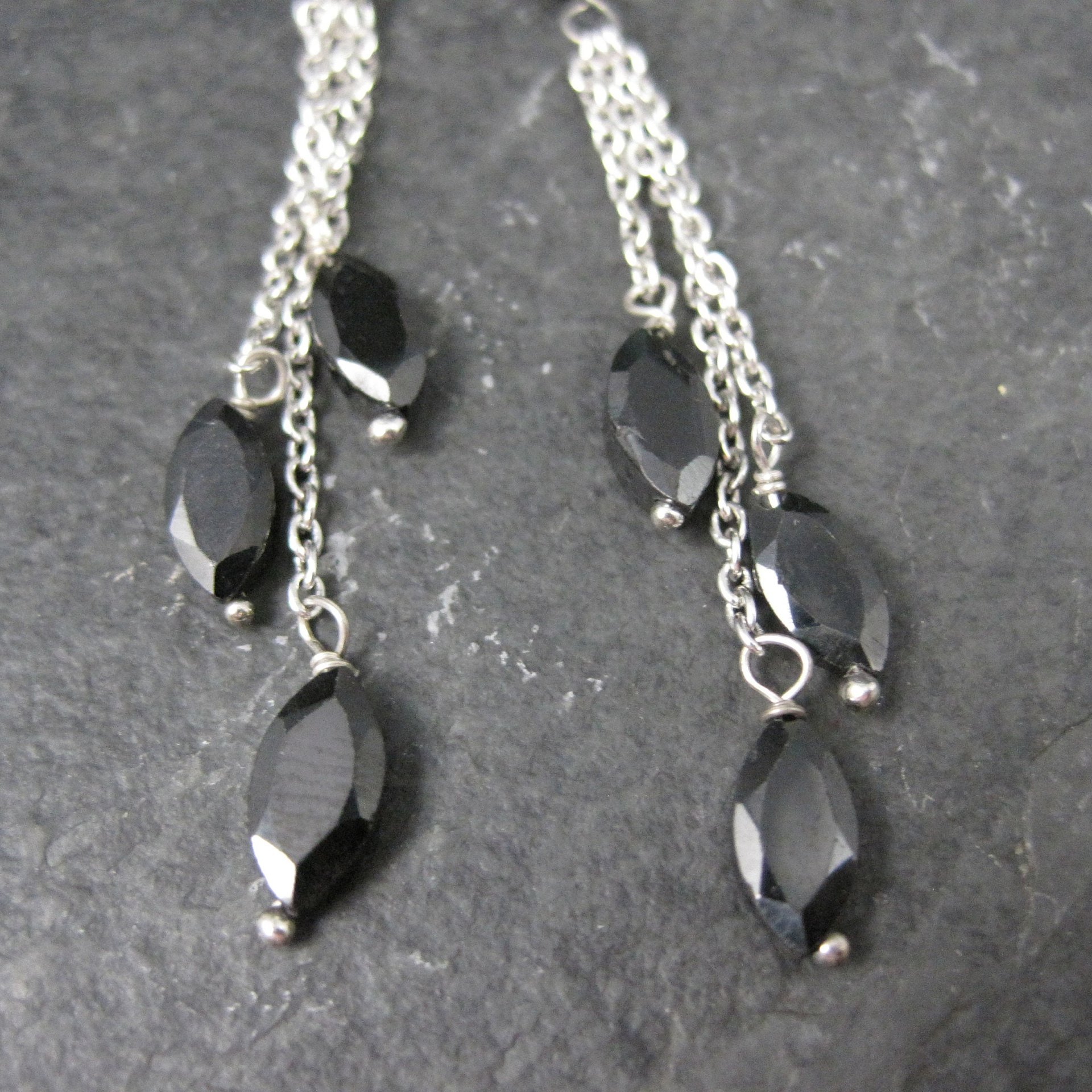 Long, Dainty Black Tourmaline Earrings Sterling Silver Estate Jewelry