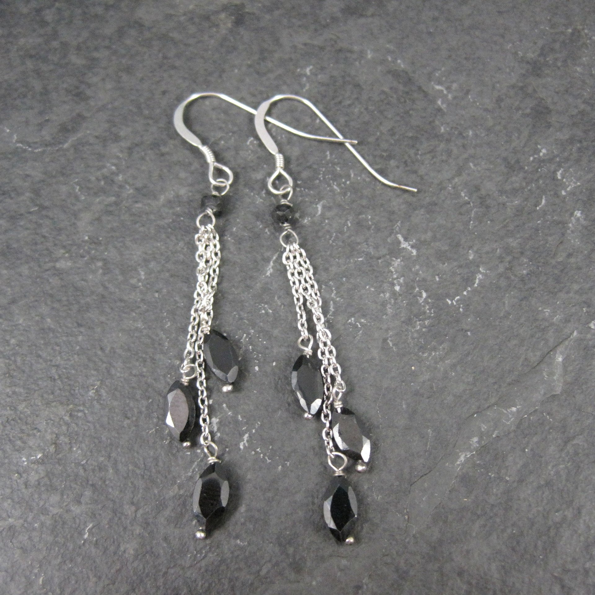 Long, Dainty Black Tourmaline Earrings Sterling Silver Estate Jewelry