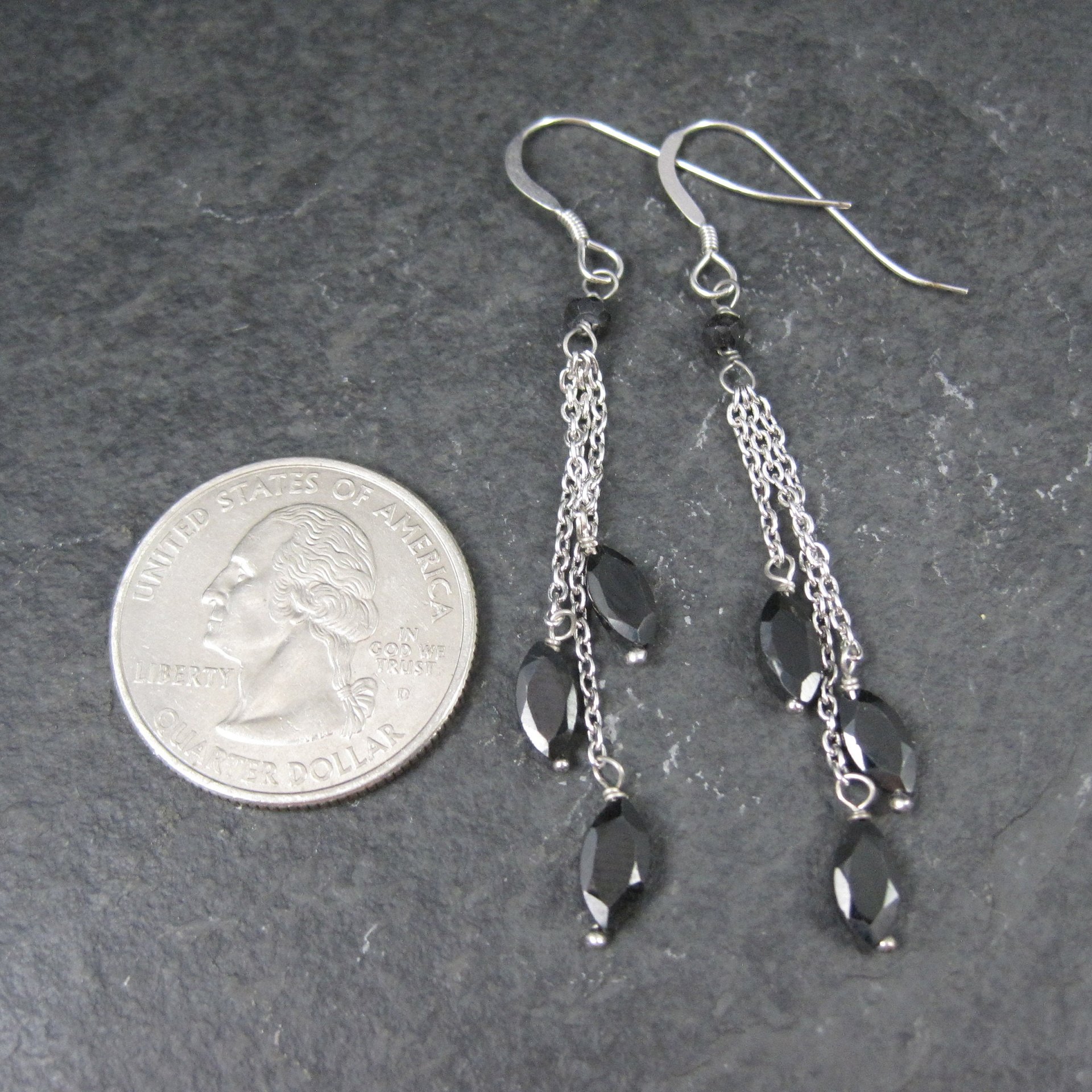 Long, Dainty Black Tourmaline Earrings Sterling Silver Estate Jewelry