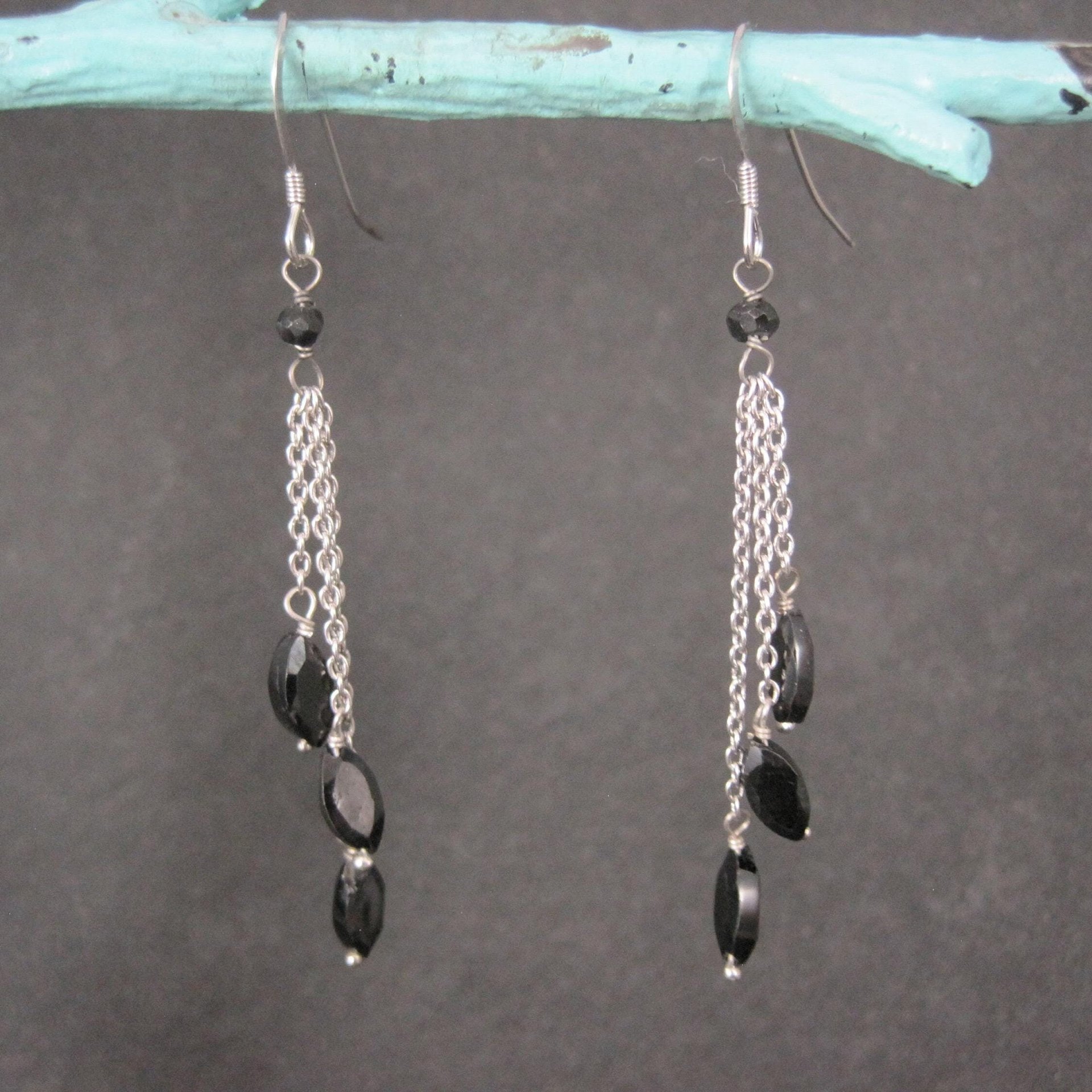 Long, Dainty Black Tourmaline Earrings Sterling Silver Estate Jewelry
