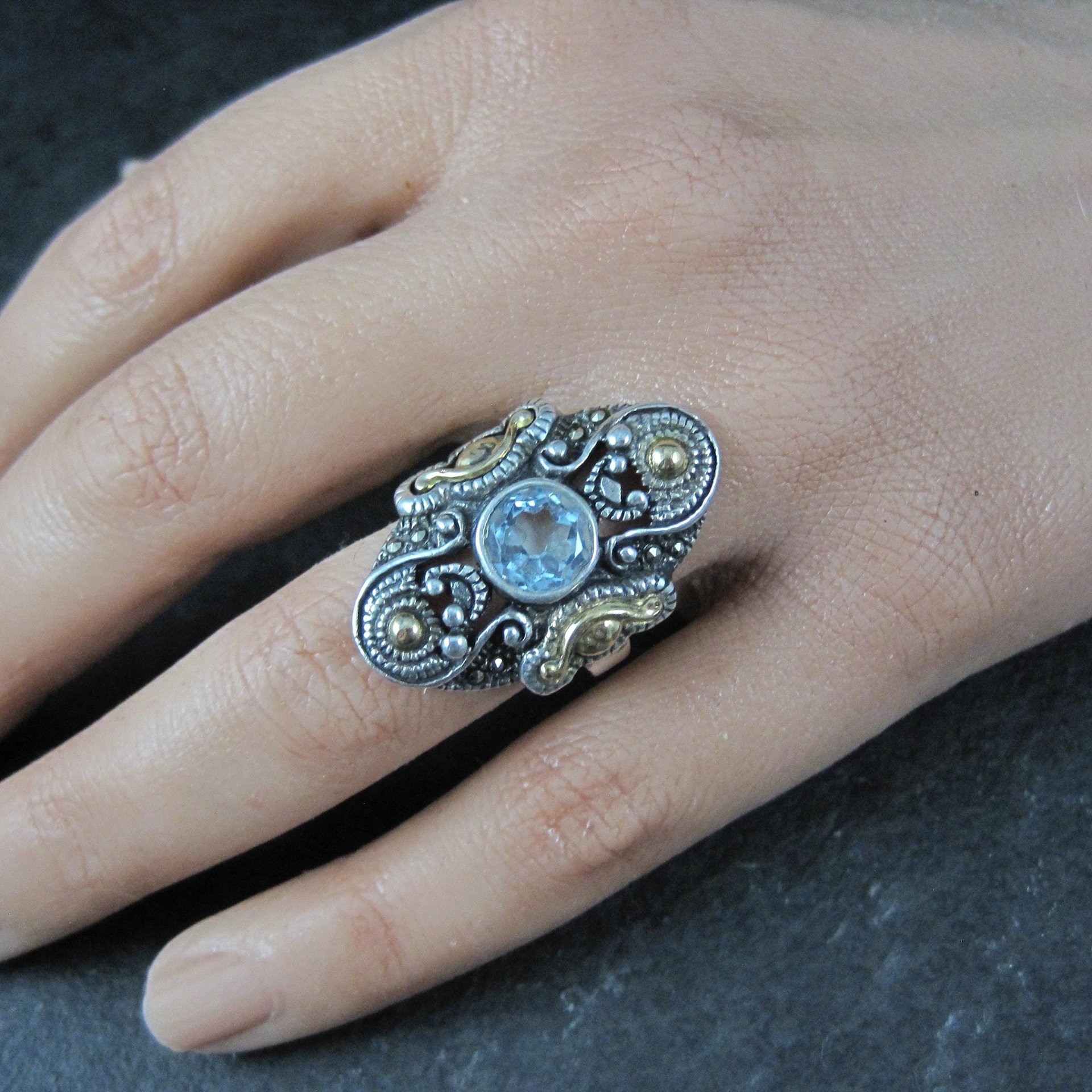 Ornate Estate Sterling 18K Blue Topaz Ring Size 7