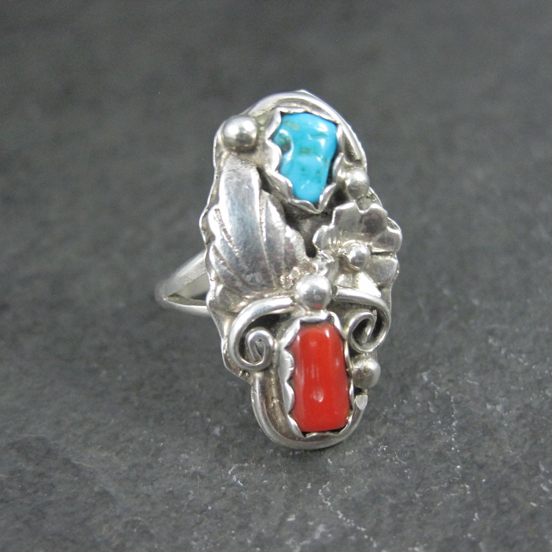 Southwestern Sterling Turquoise and Coral Ring Size 7 Navajo Cecil Sanders