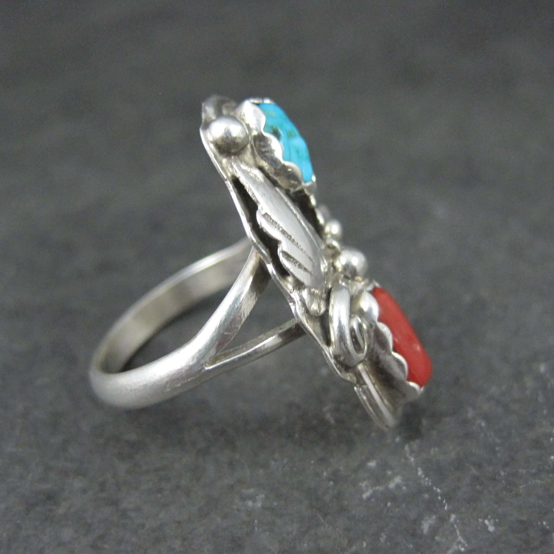 Southwestern Sterling Turquoise and Coral Ring Size 7 Navajo Cecil Sanders