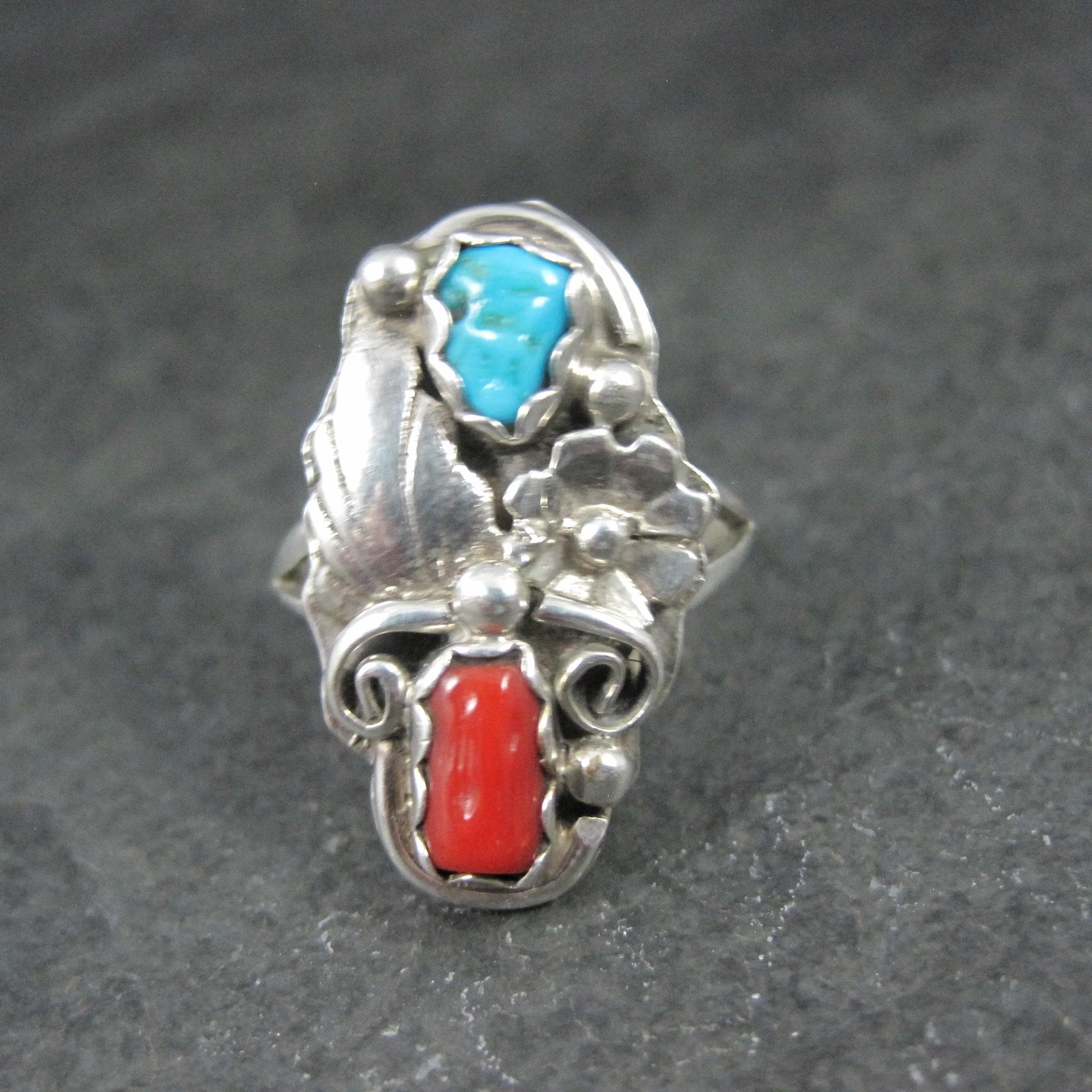 Southwestern Sterling Turquoise and Coral Ring Size 7 Navajo Cecil Sanders