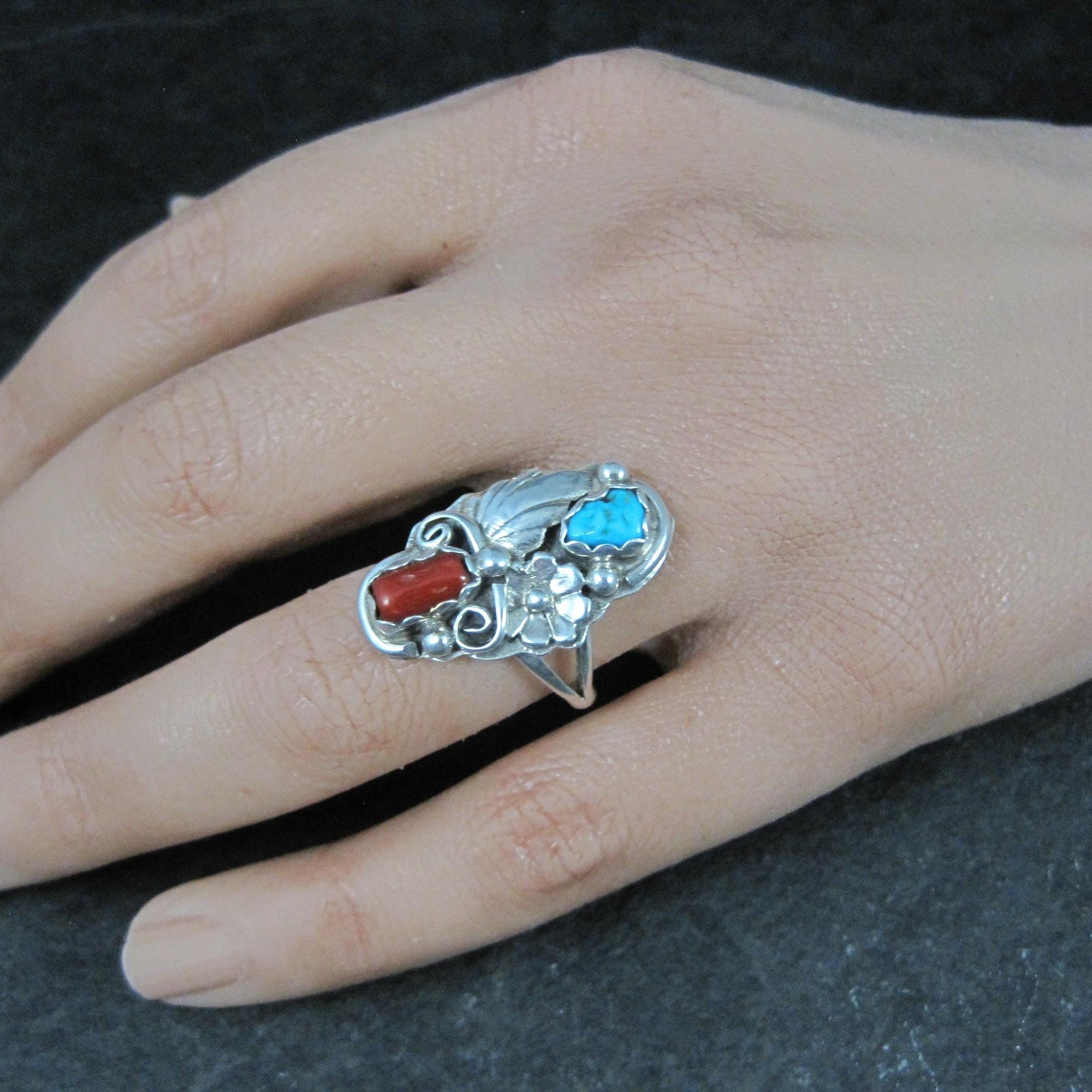 Southwestern Sterling Turquoise and Coral Ring Size 7 Navajo Cecil Sanders