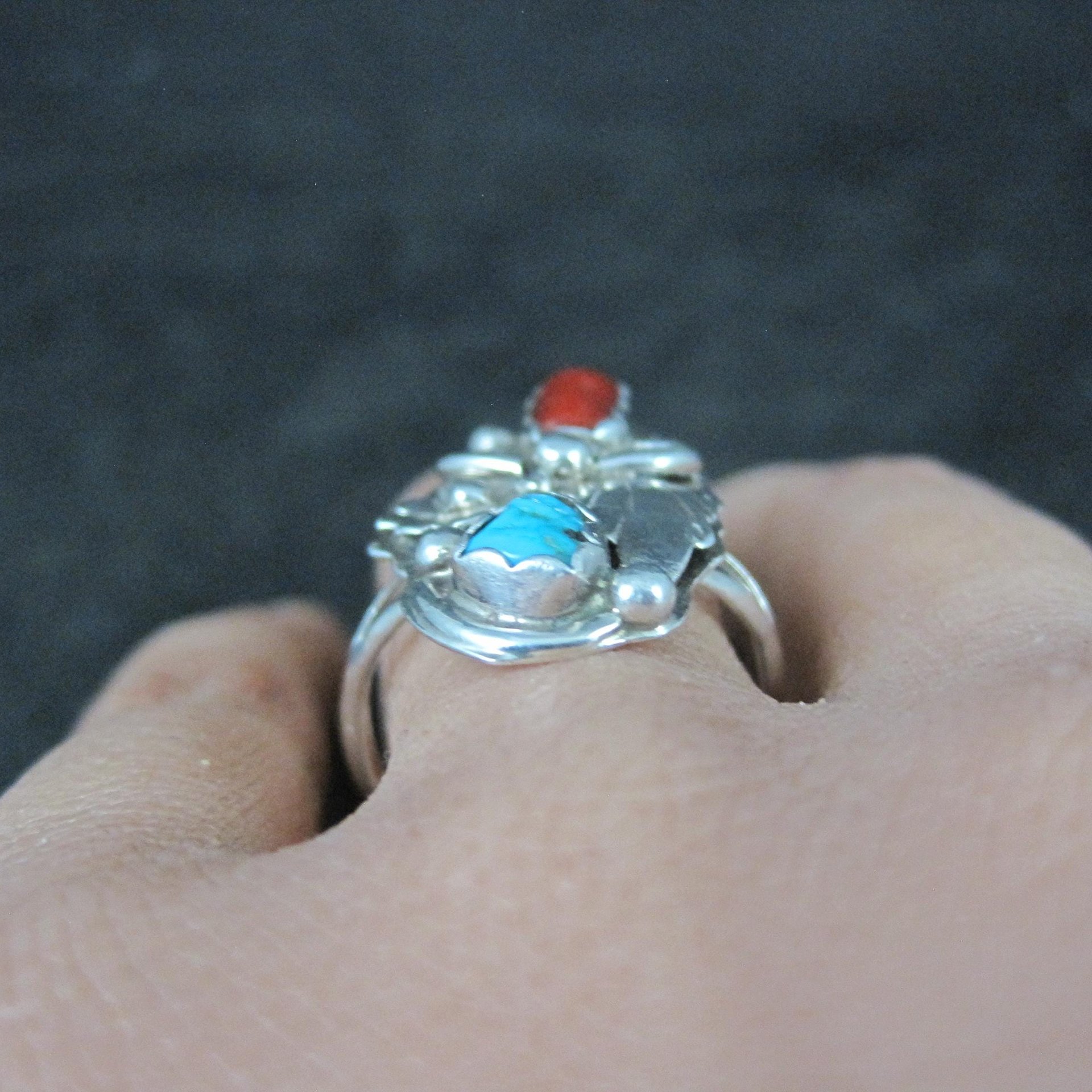 Southwestern Sterling Turquoise and Coral Ring Size 7 Navajo Cecil Sanders