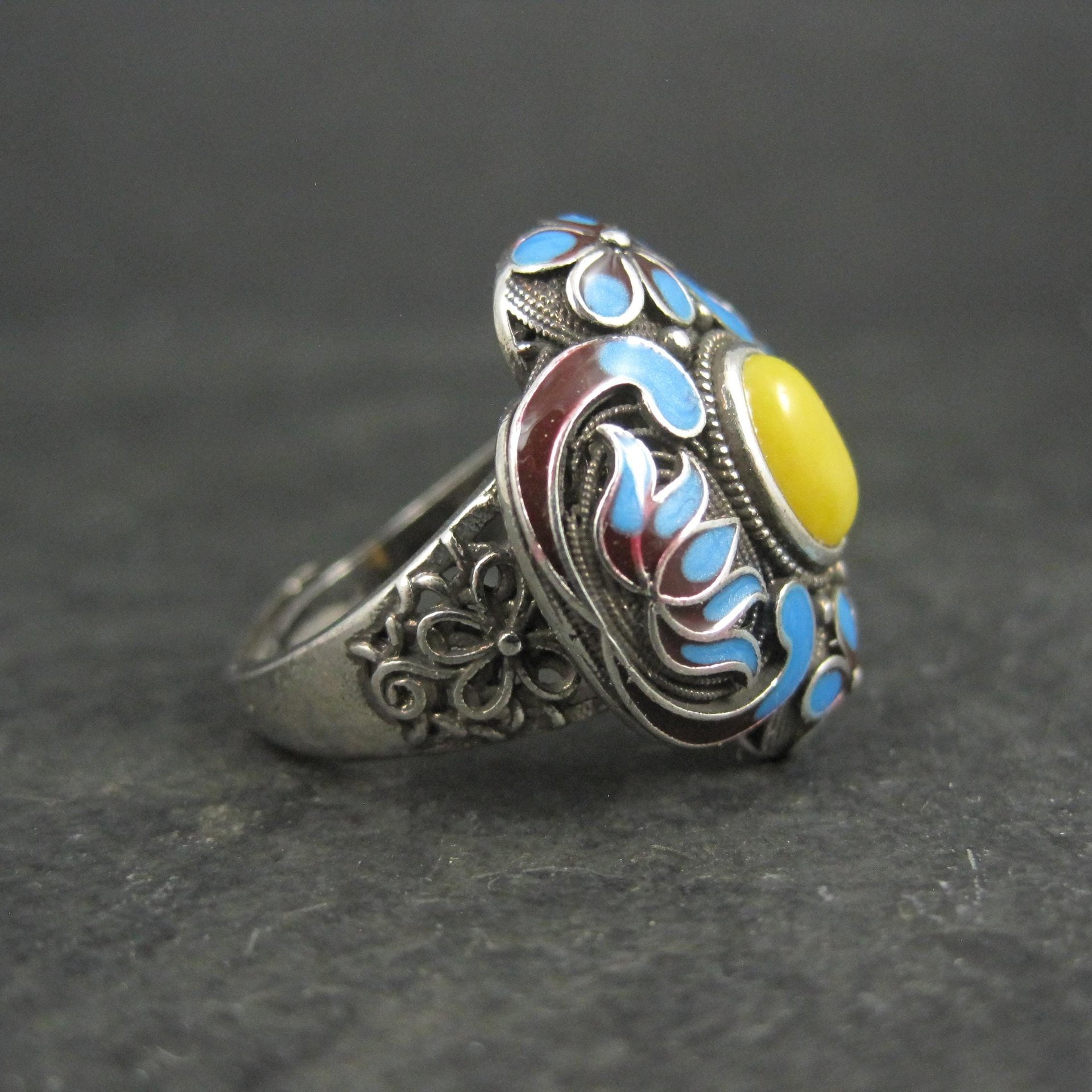 Vintage Yellow Jade Enamel Ring 900 Silver Adjustable
