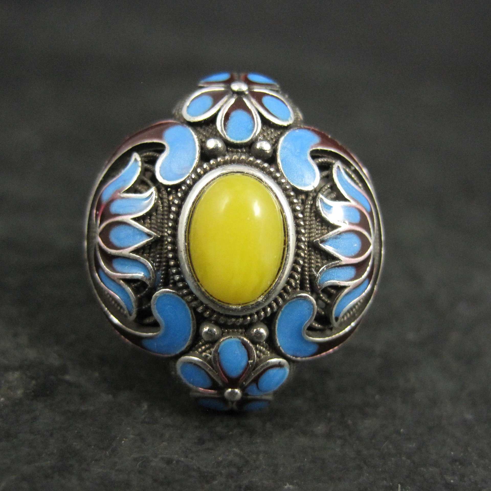 Vintage Yellow Jade Enamel Ring 900 Silver Adjustable