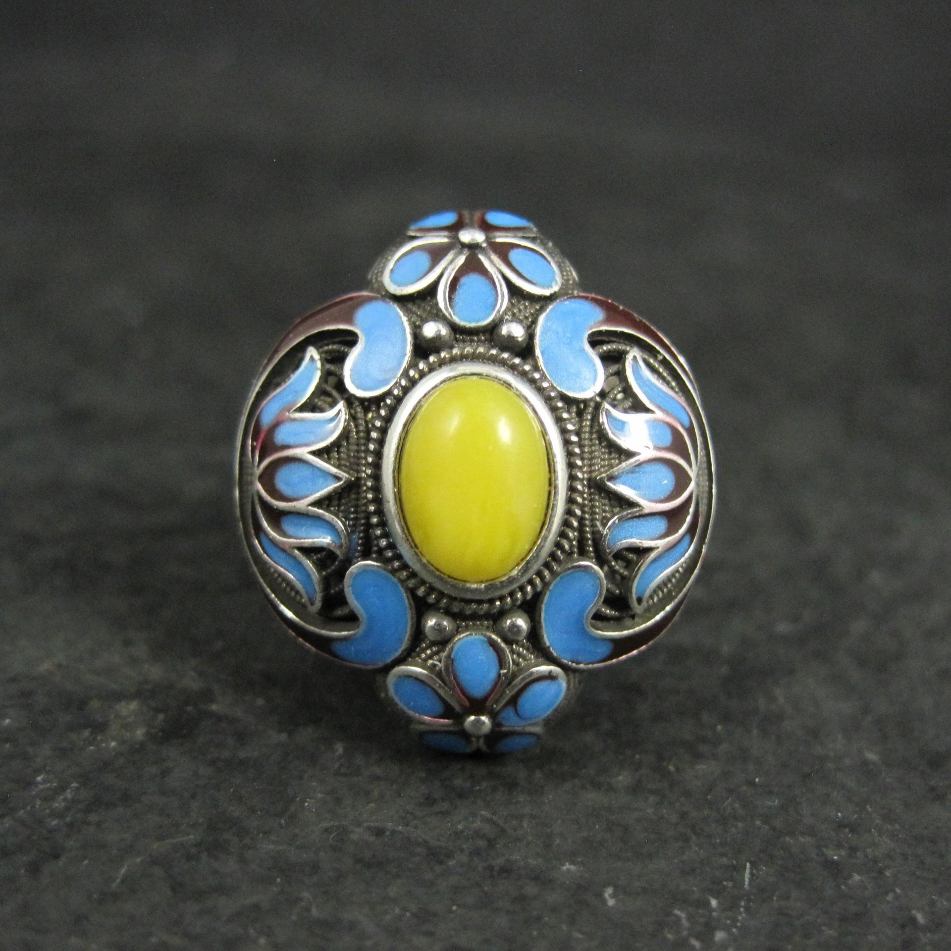 Vintage Yellow Jade Enamel Ring 900 Silver Adjustable