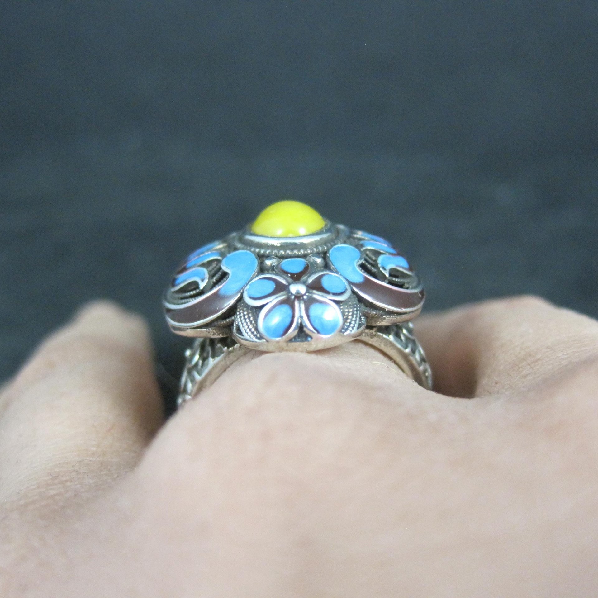 Vintage Yellow Jade Enamel Ring 900 Silver Adjustable