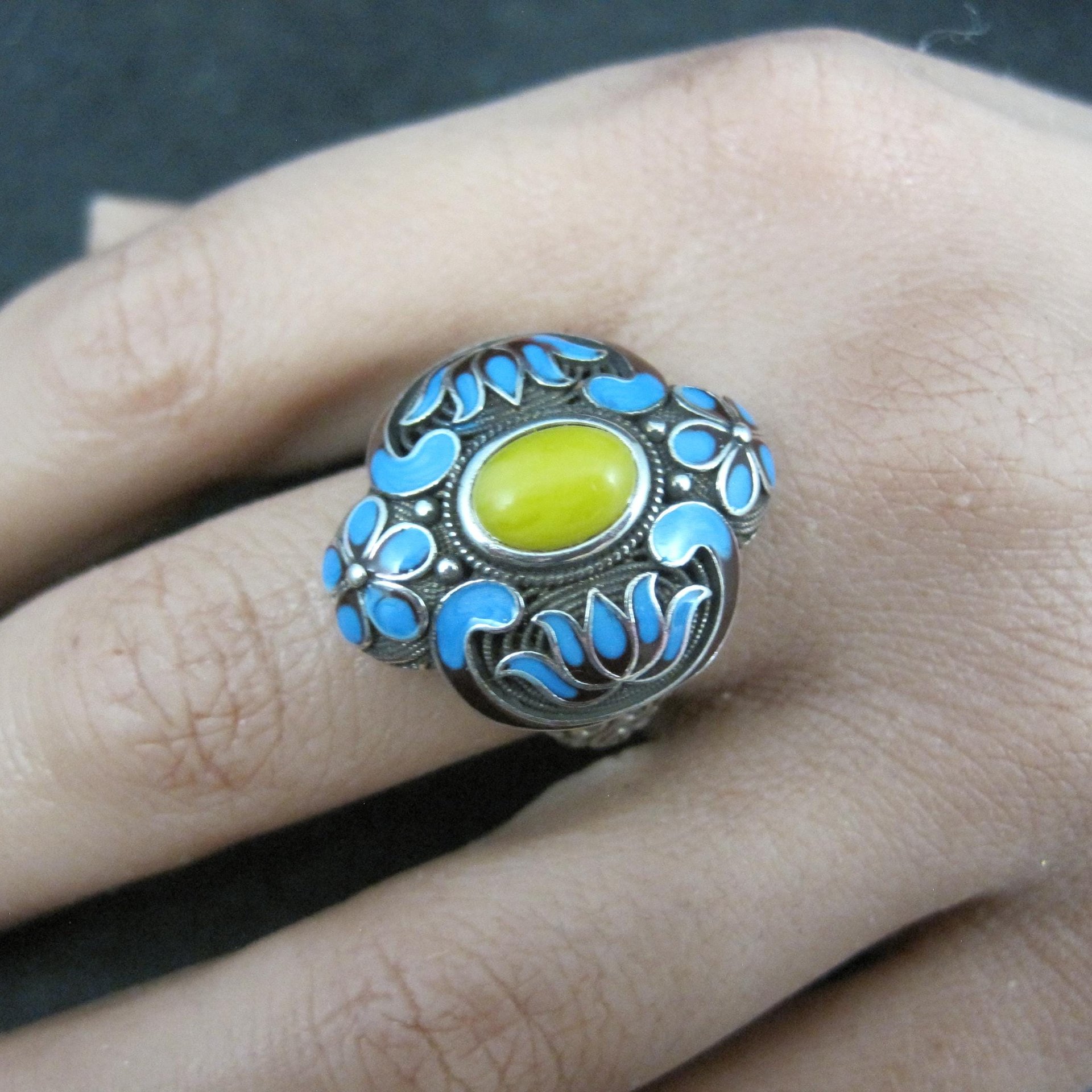 Vintage Yellow Jade Enamel Ring 900 Silver Adjustable