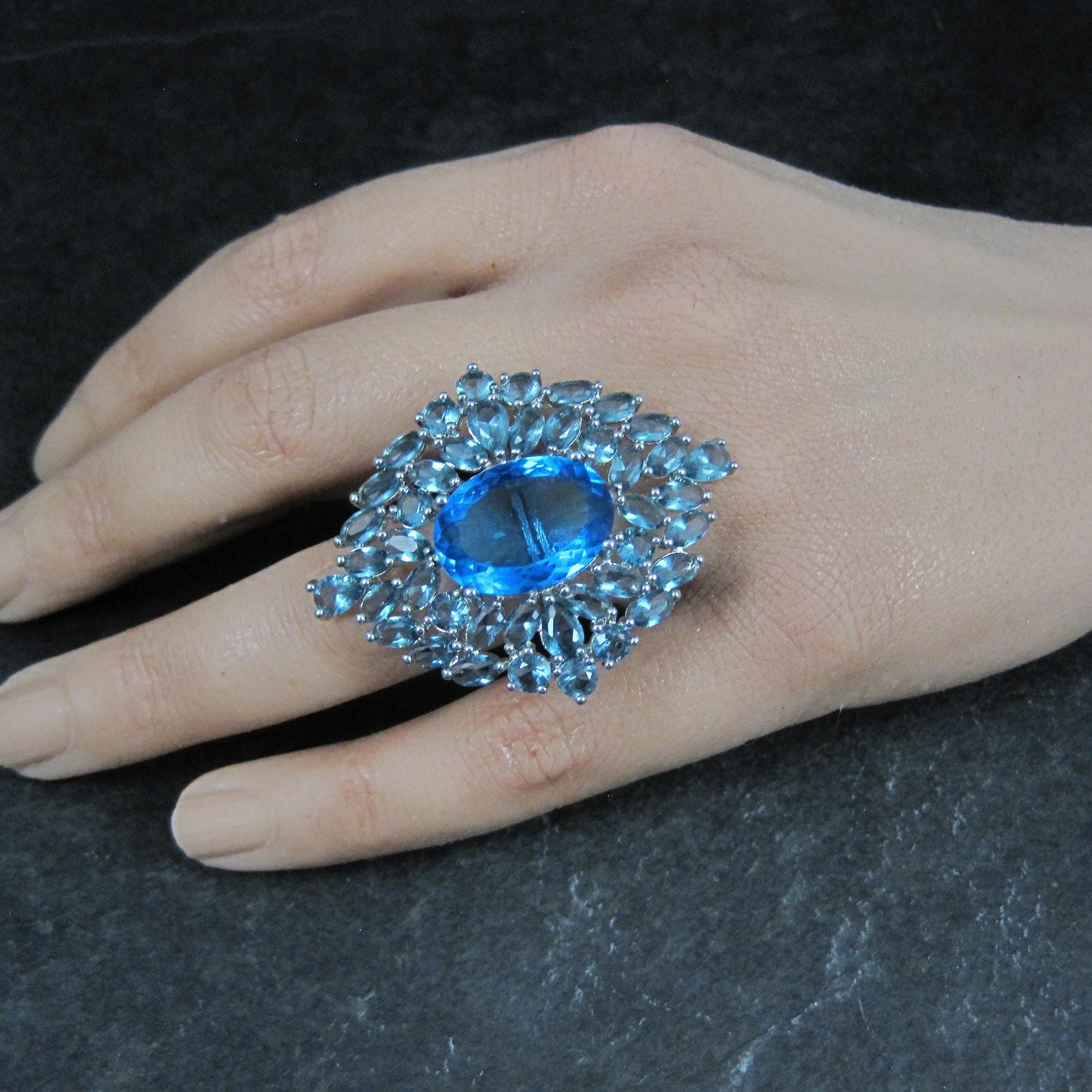 Huge Sterling Silver Blue Cz Cocktail Ring Size 6
