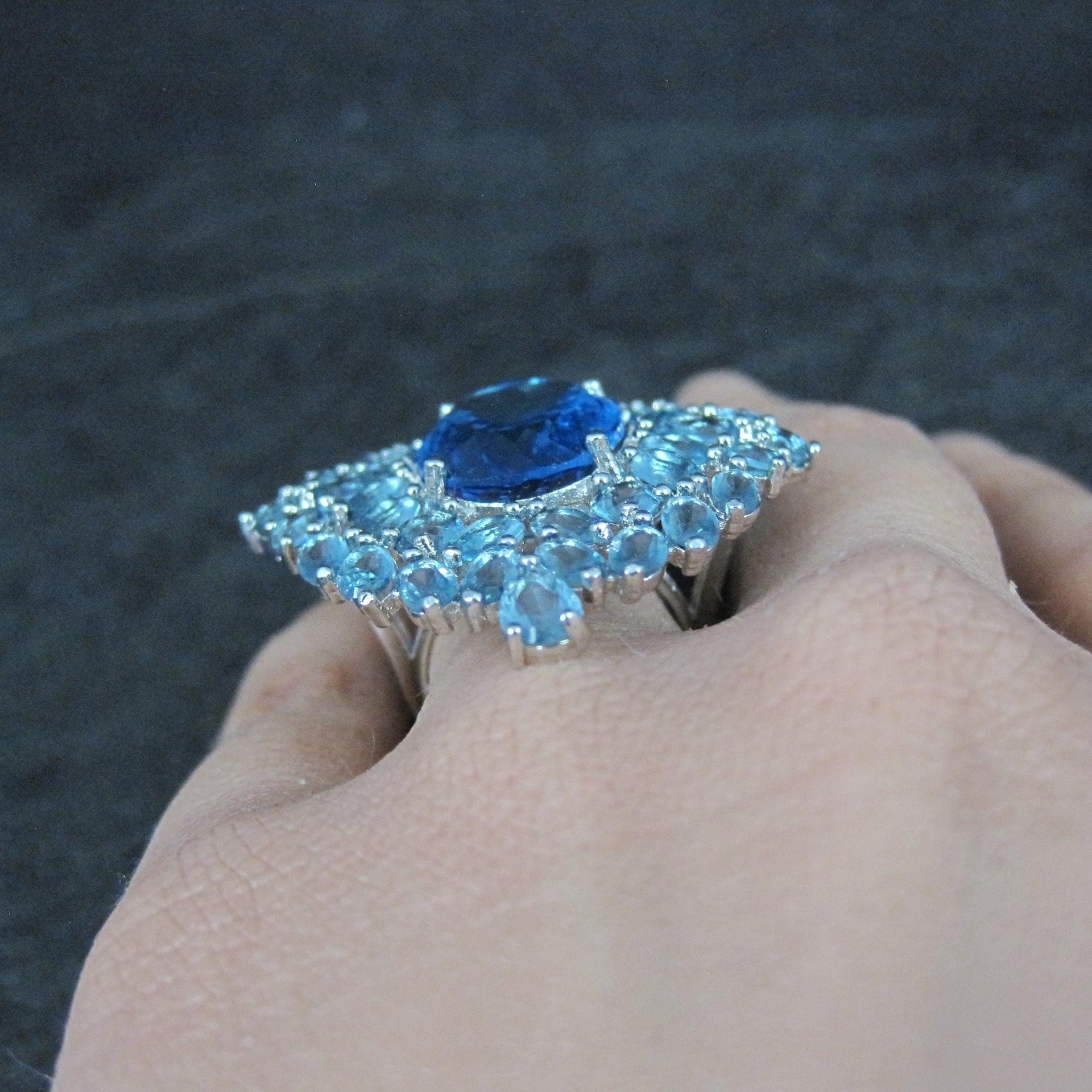 Huge Sterling Silver Blue Cz Cocktail Ring Size 6