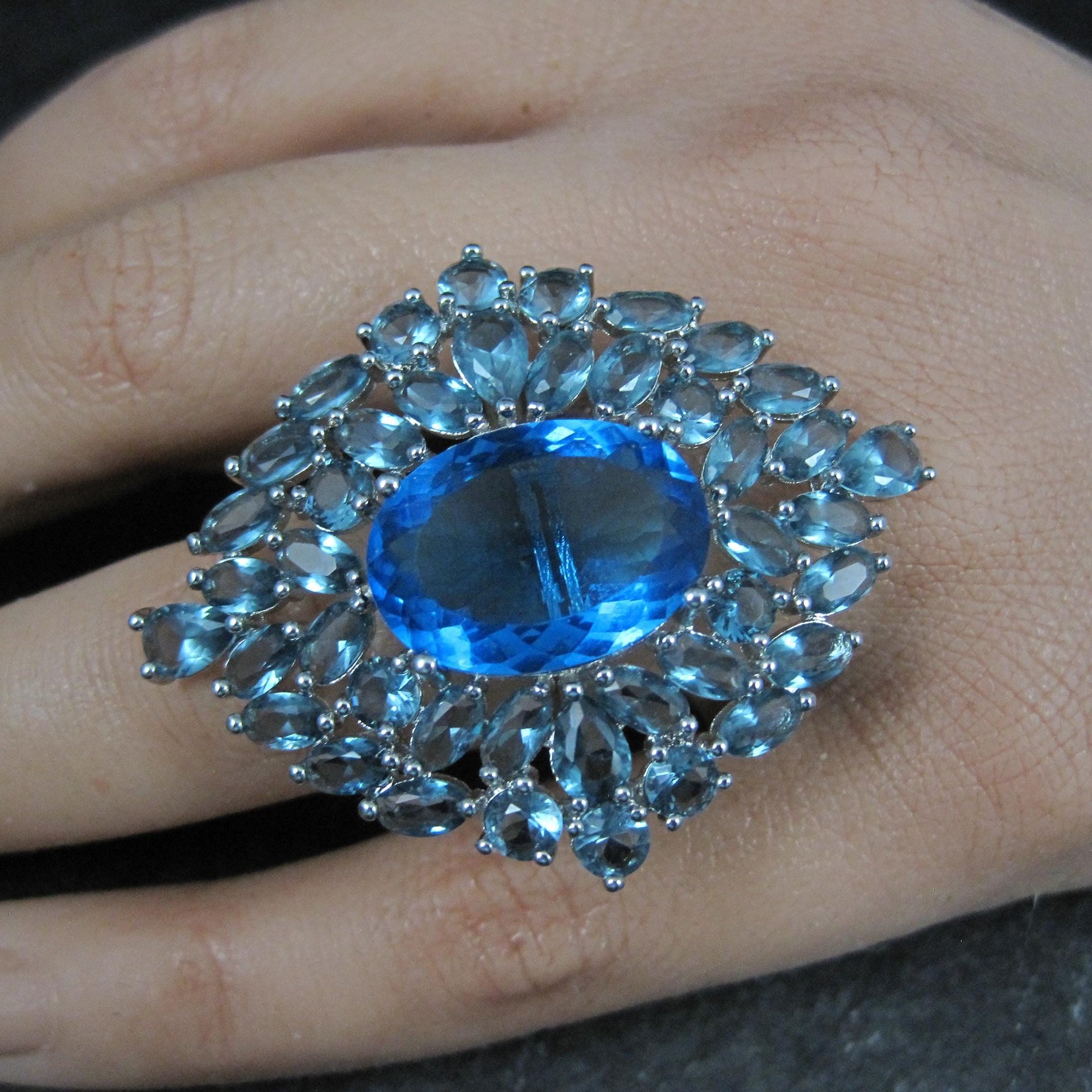 Huge Sterling Silver Blue Cz Cocktail Ring Size 6