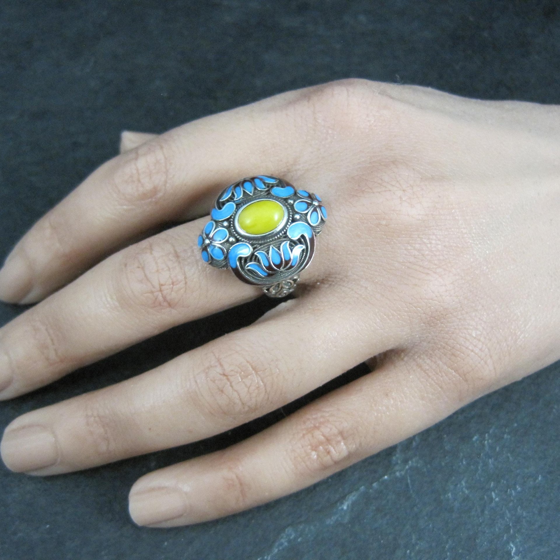 Vintage Yellow Jade Enamel Ring 900 Silver Adjustable