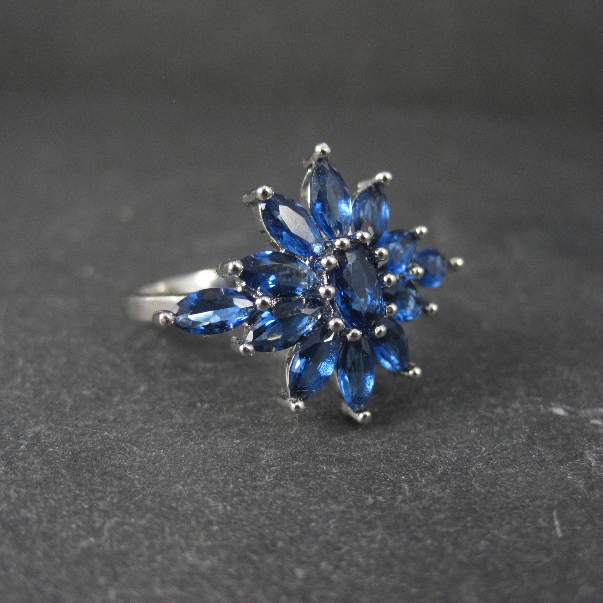 Estate Sterling Silver Sapphire Blue Cz Ring Size 7.5 Unique Cocktail