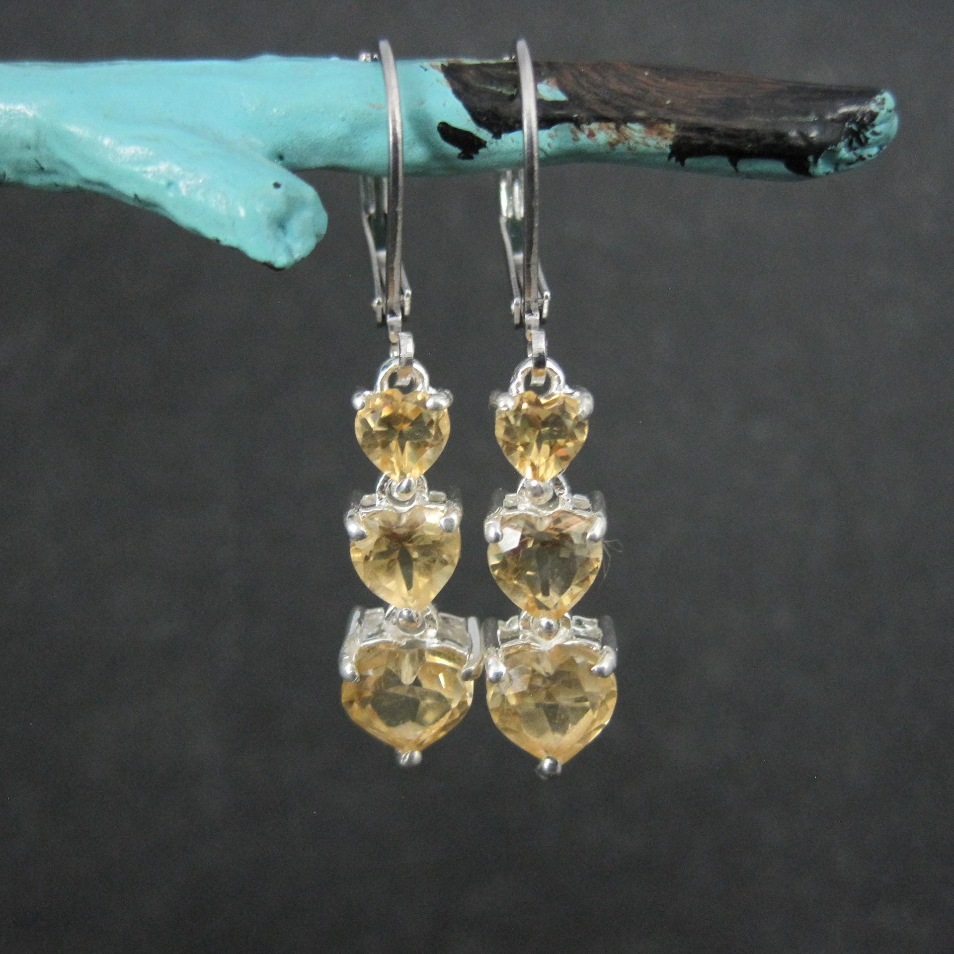 Sterling Silver Citrine Heart Earrings Lever Back by Chuck Clemency Estate Jewelry