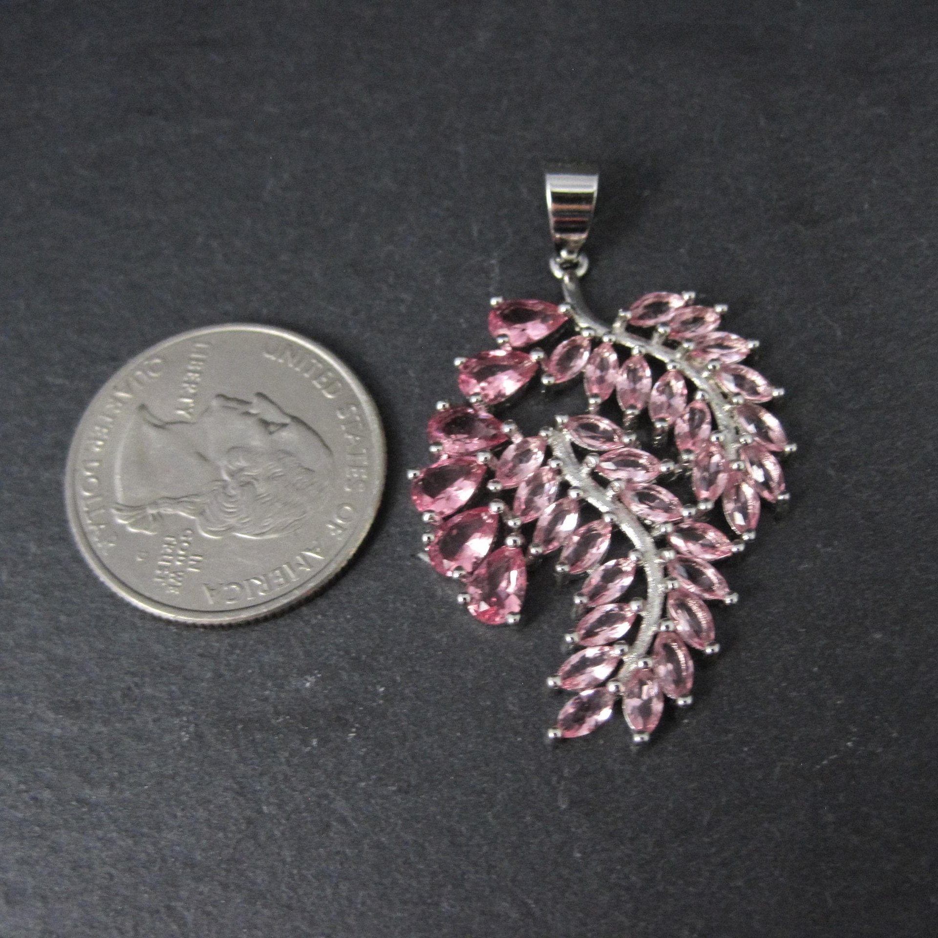 Estate Sterling Silver Pink Ice Cubic Zirconia Leaf Pendant