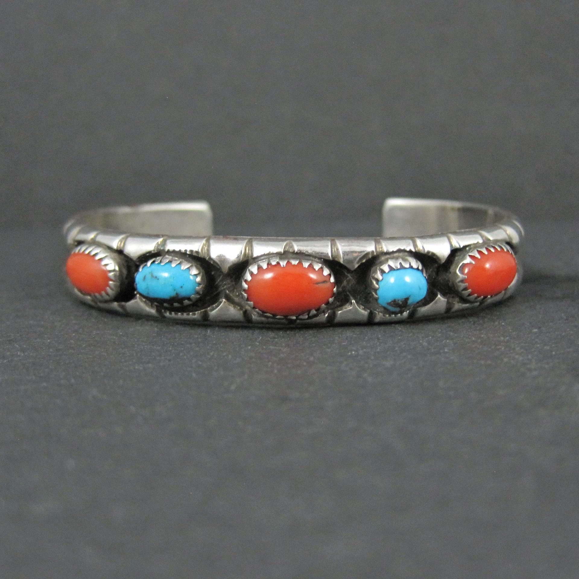 Vintage Navajo Turquoise and Coral Cuff Bracelet Sterling Silver 6.25" Eunice Claw