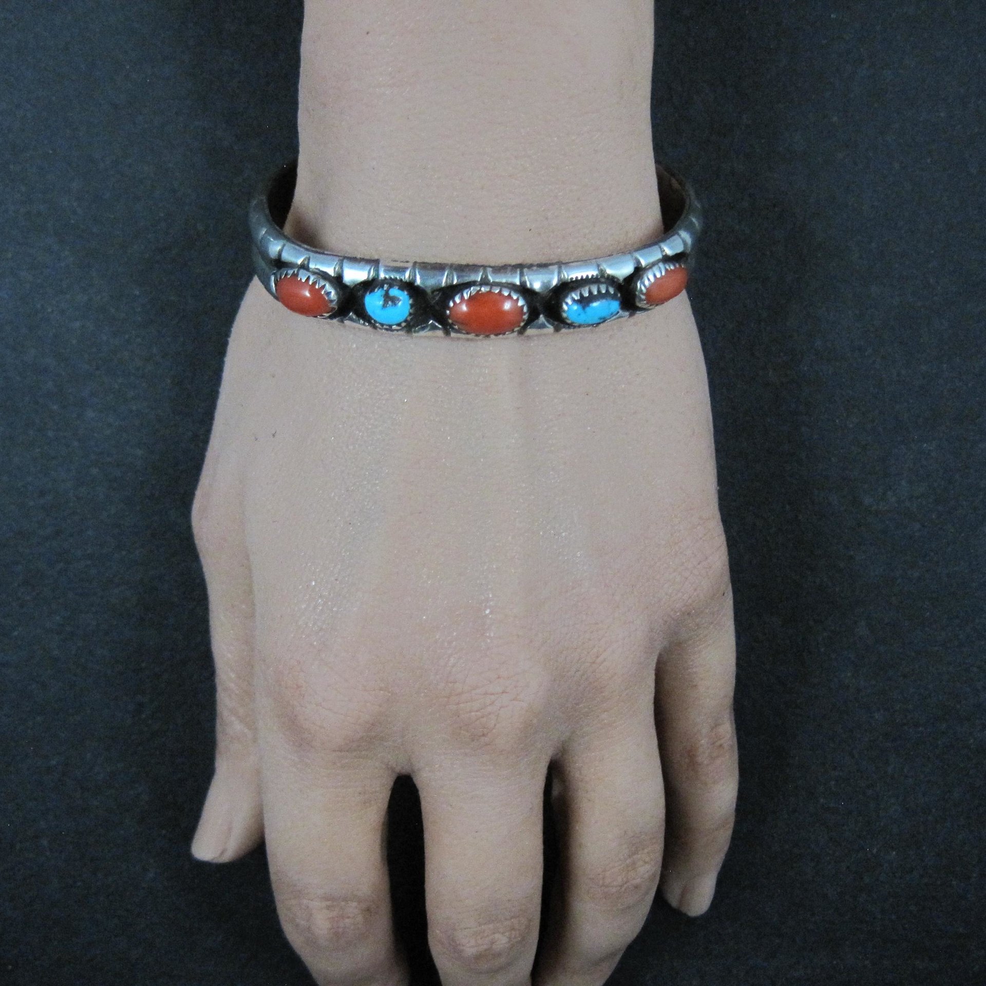 Vintage Navajo Turquoise and Coral Cuff Bracelet Sterling Silver 6.25" Eunice Claw