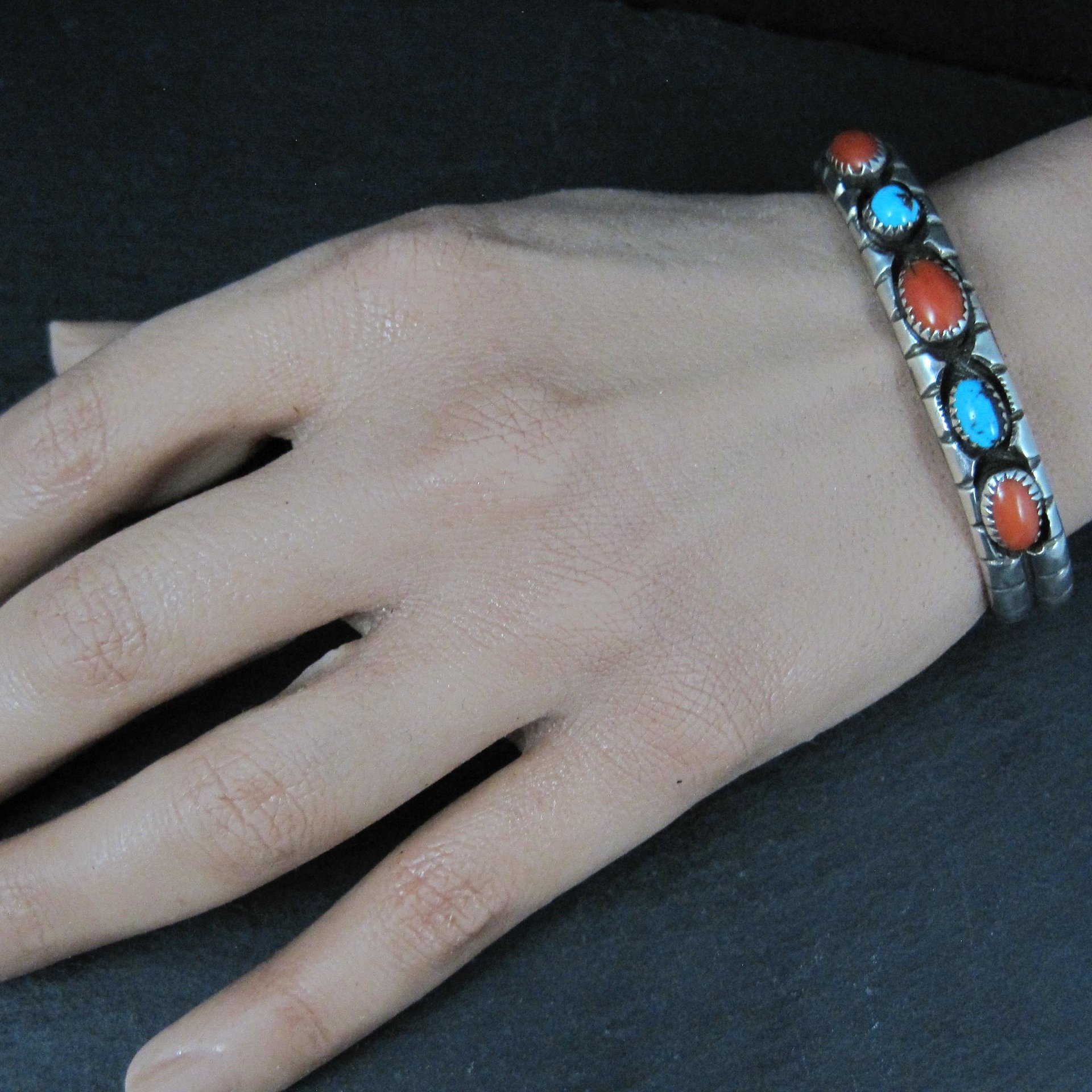 Vintage Navajo Turquoise and Coral Cuff Bracelet Sterling Silver 6.25" Eunice Claw