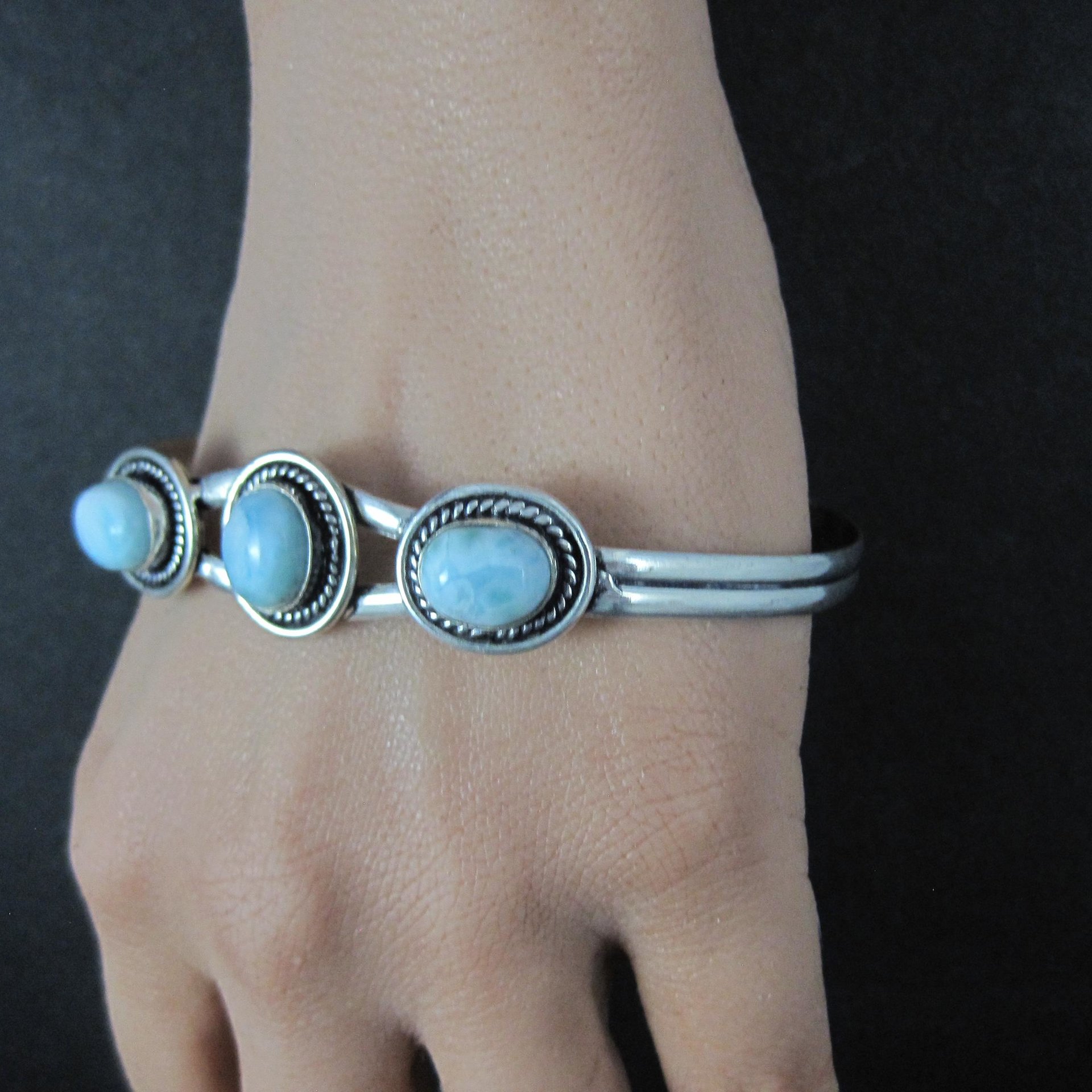 Sterling Silver Larimar Cuff Bracelet 8.25" Large Wrist