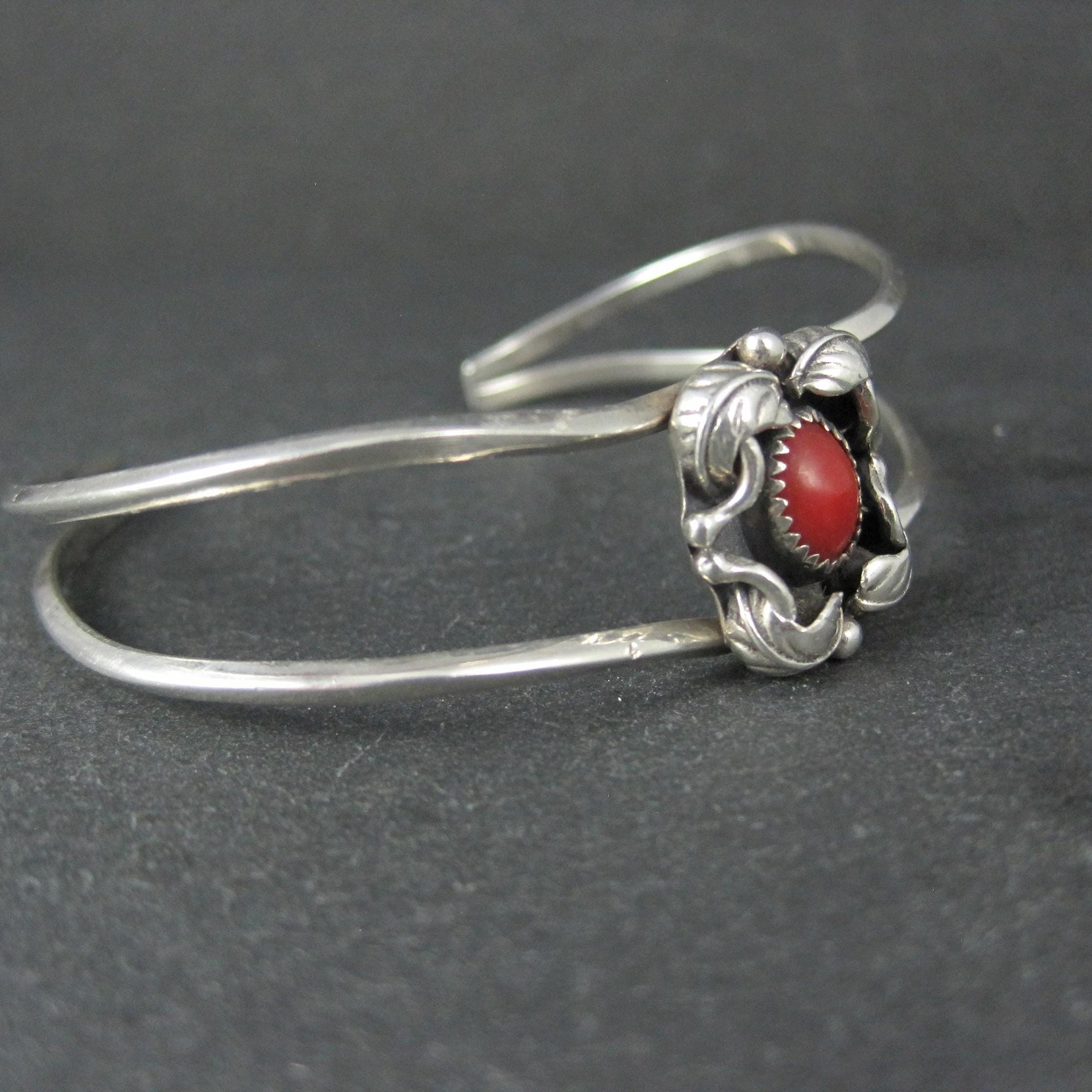 Dainty Southwestern Sterling Silver Coral Sweater Cuff Bracelet 6 Inches