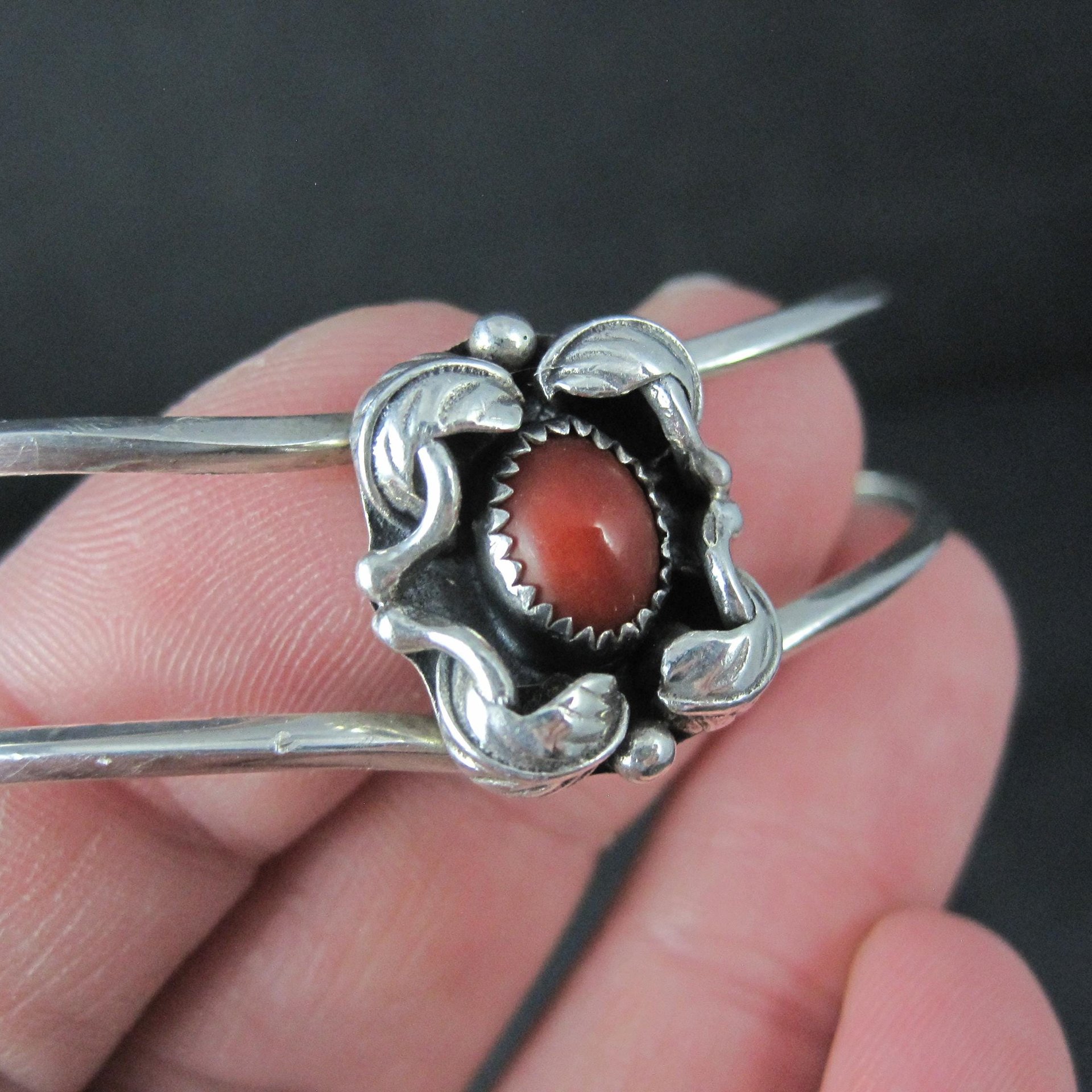 Dainty Southwestern Sterling Silver Coral Sweater Cuff Bracelet 6 Inches
